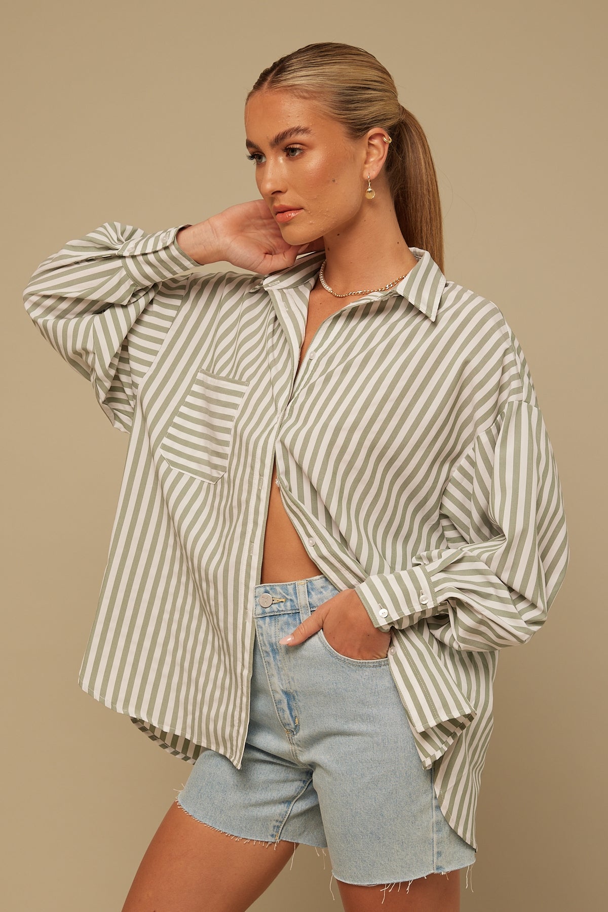 Perfect Stranger Oversized Stripe Shirt Green Stripe