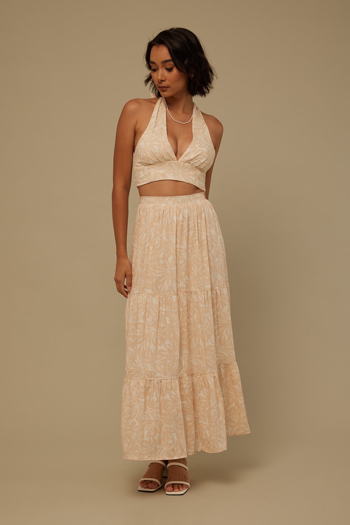 Perfect Stranger Palm Breeze Linen Halter Top Cream Print