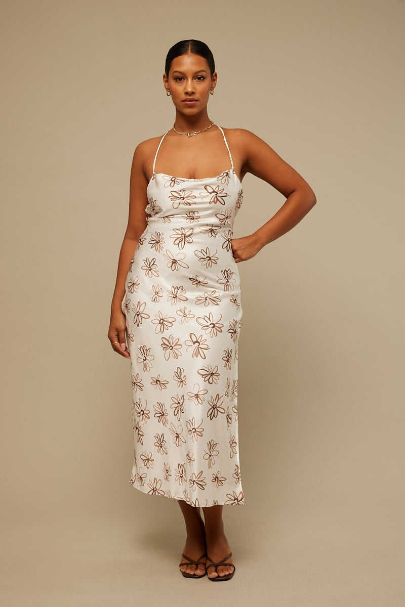 Perfect Stranger Sketch Floral Midi Dress White Print