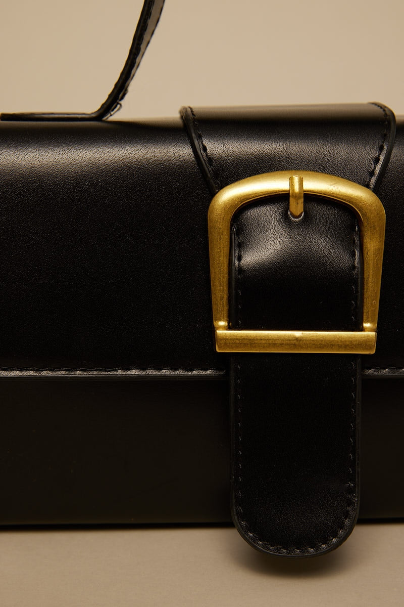 Token Gold Buckle Flap Shoulder Bag Black