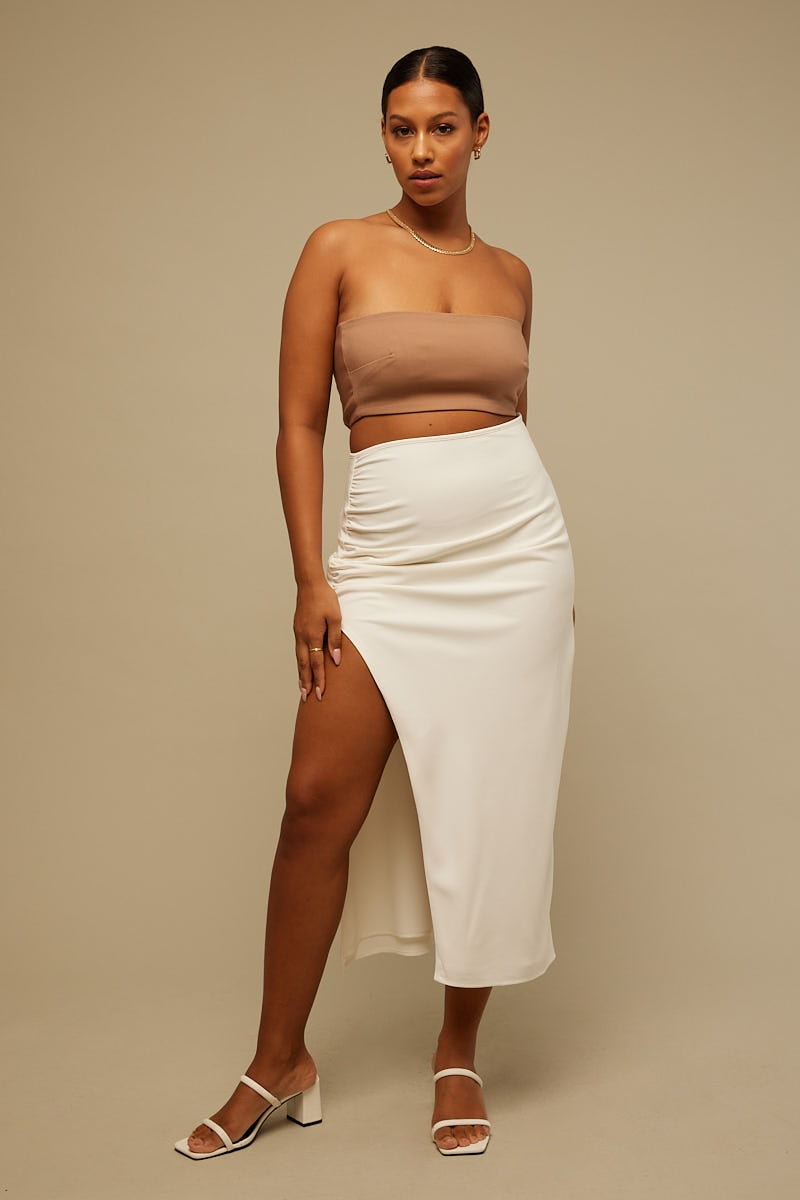 Perfect Stranger Rouched Side Midi Skirt White