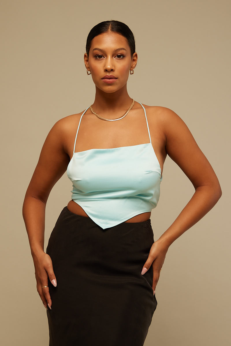 Perfect Stranger Astrid Satin Tie Back Top Blue