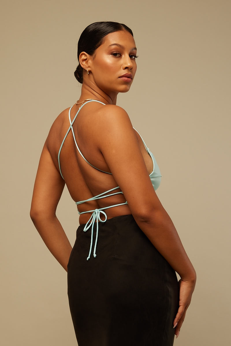Perfect Stranger Astrid Satin Tie Back Top Blue