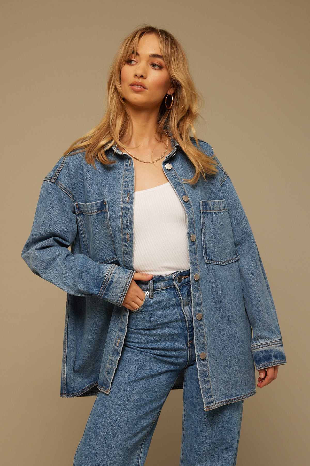 Perfect Stranger On Screen Denim Shacket Mid Blue Wash