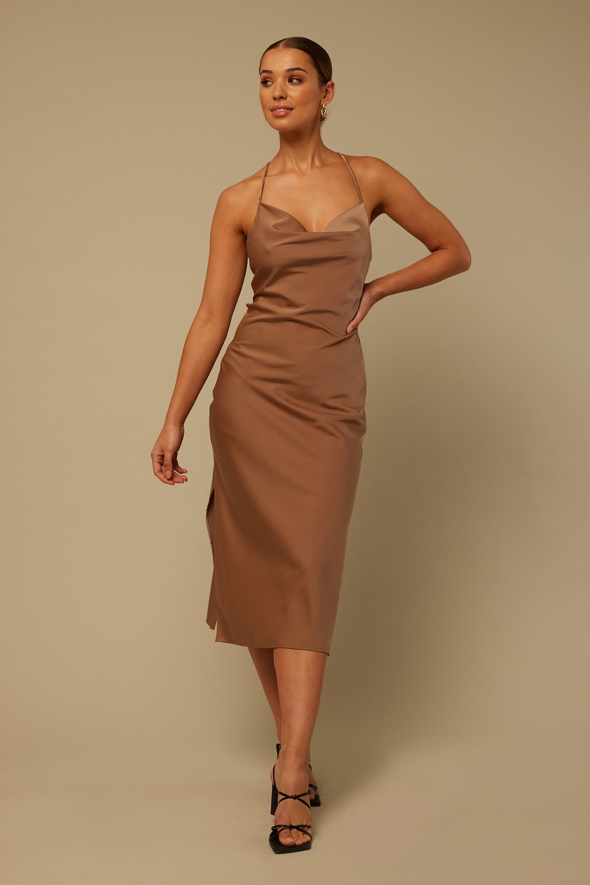 Perfect Stranger Luna Lace Up Back Midi Dress Taupe