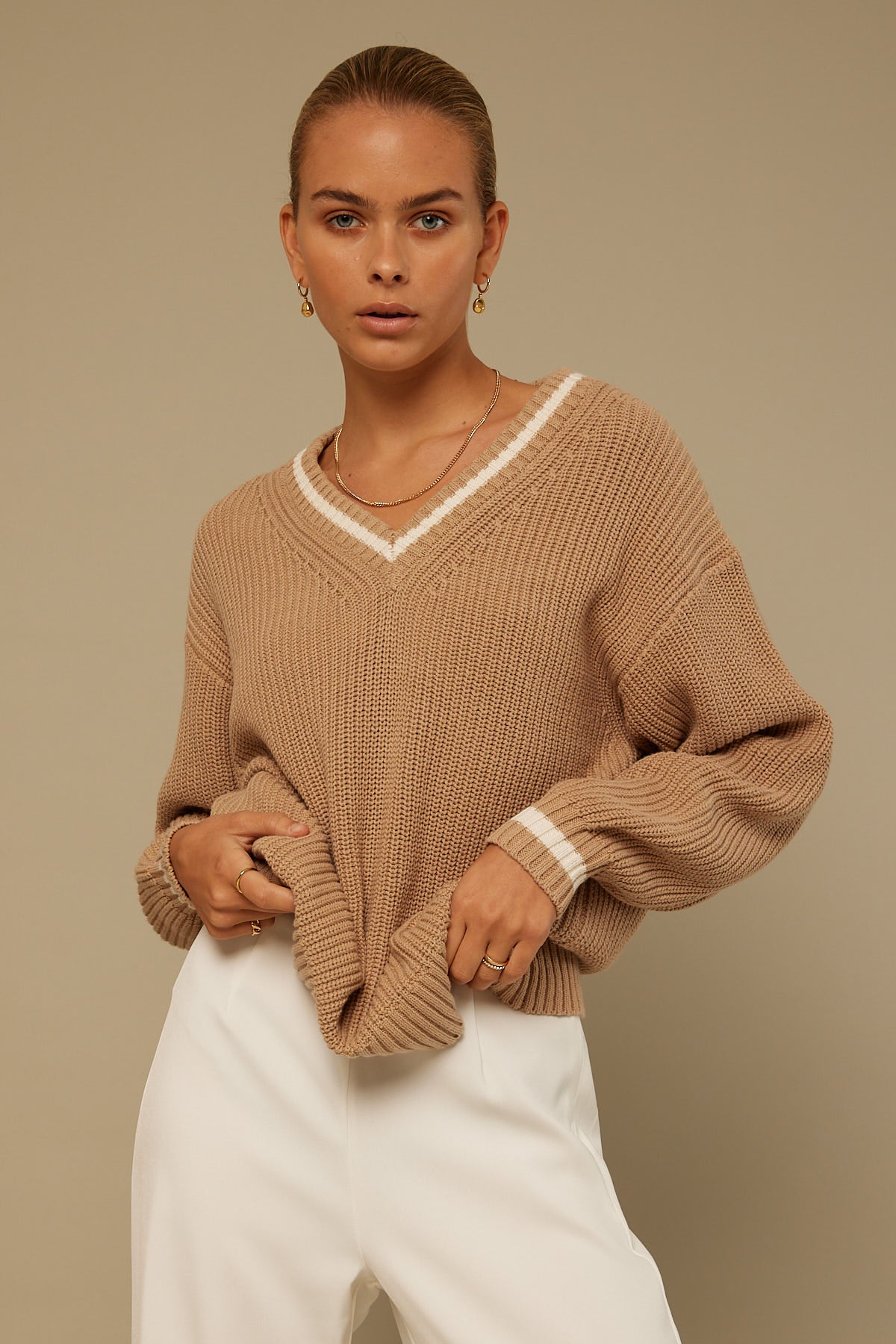 Perfect Stranger Varsity Tipped Oversized Jumper Oat