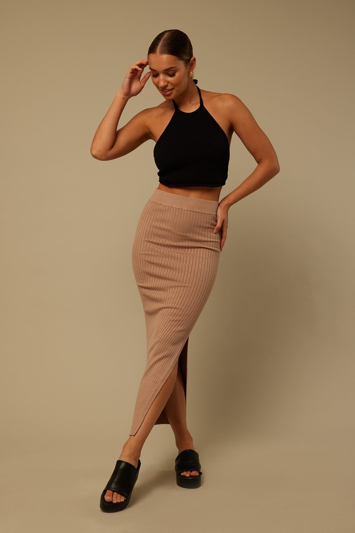 Perfect Stranger Nice Try Knit Midi Skirt Taupe