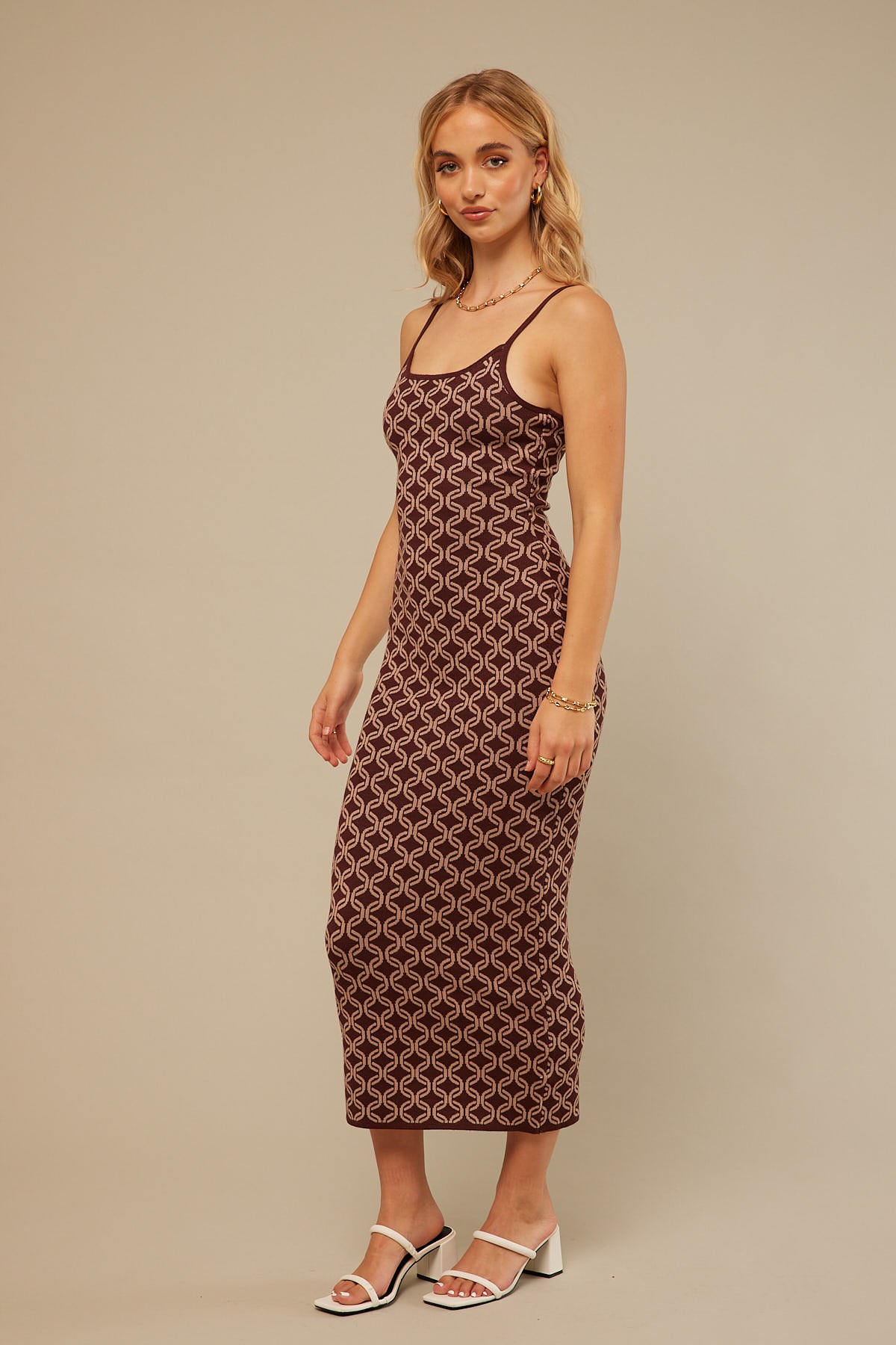 Perfect Stranger Brown Sugar Knit Midi Dress Nude Print