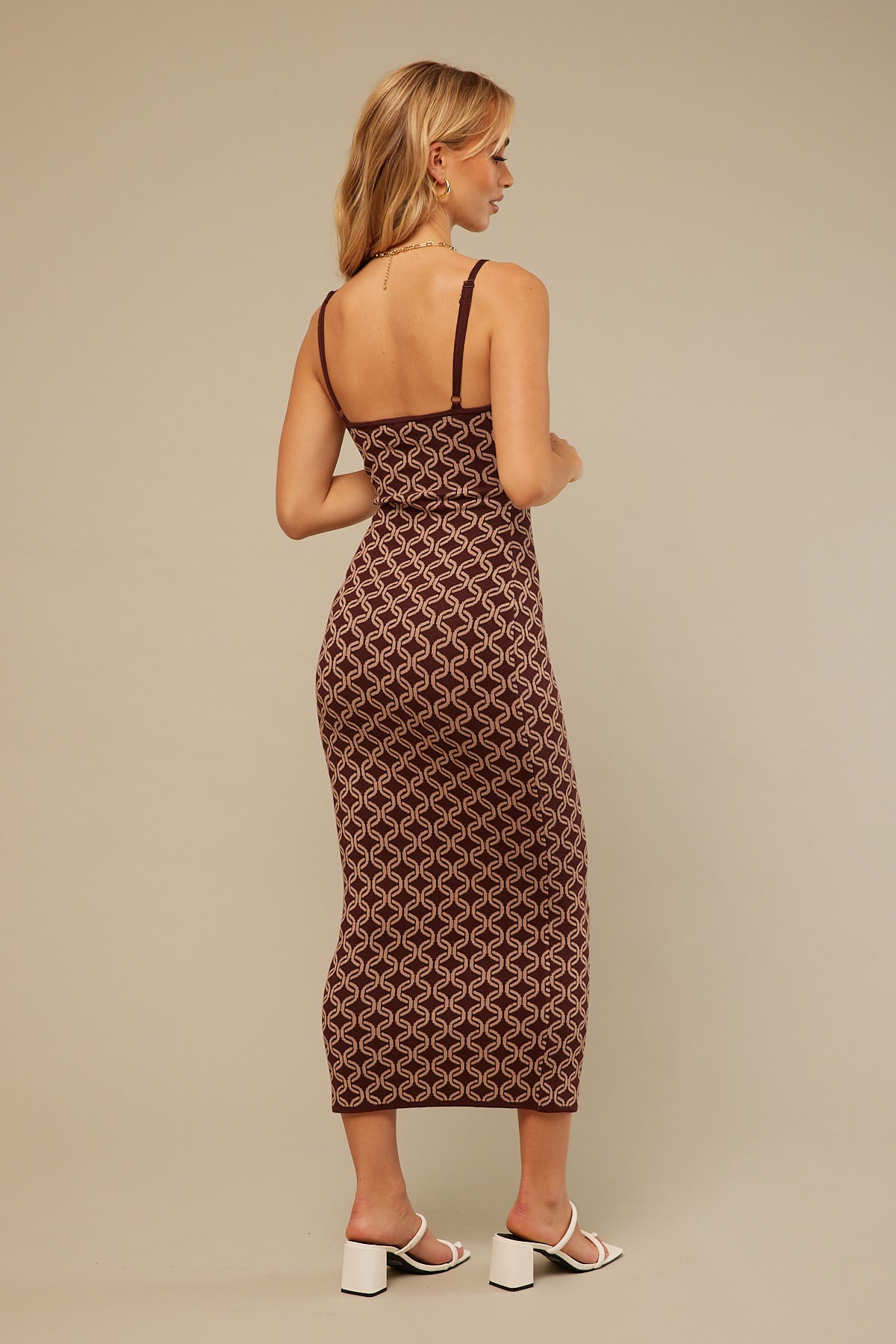 Perfect Stranger Brown Sugar Knit Midi Dress Nude Print