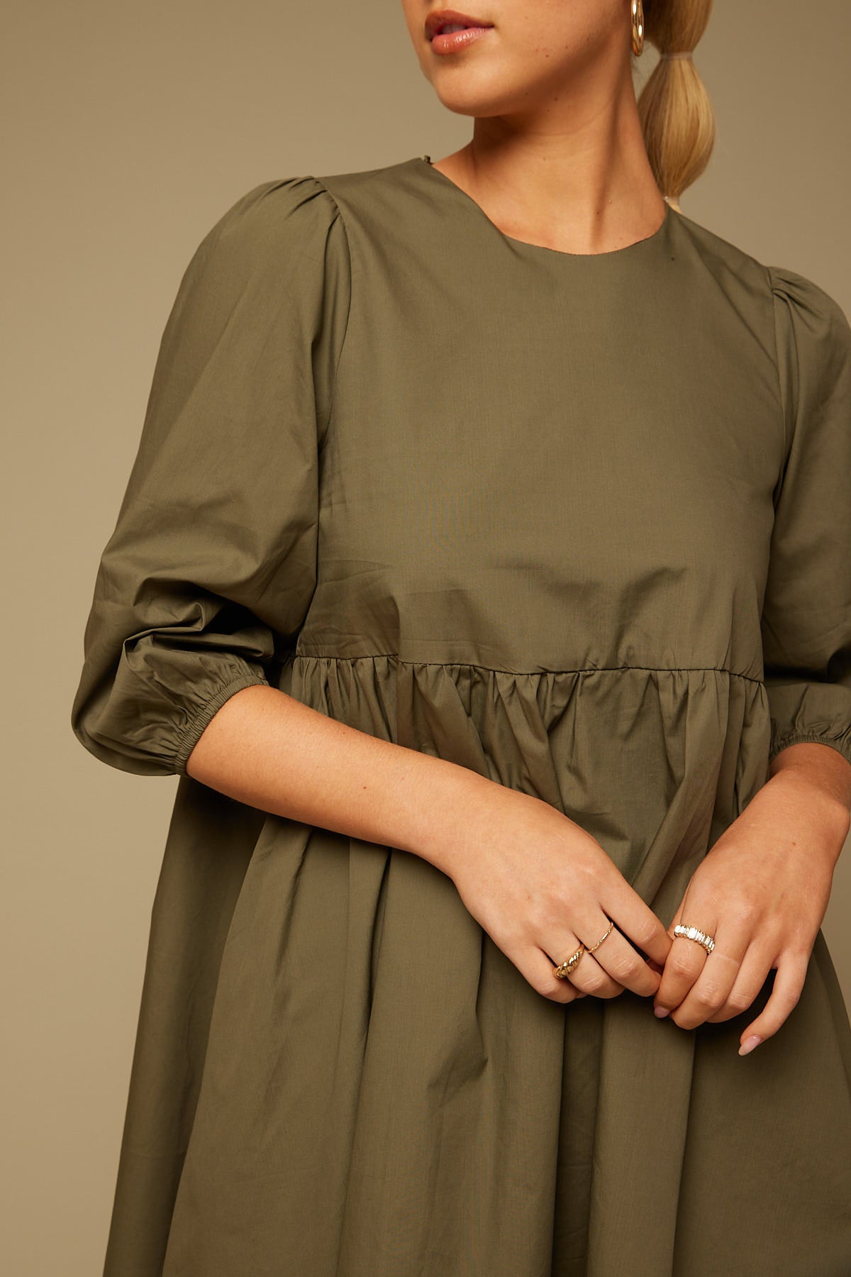 Perfect Stranger Poplin Long Sleeve Mini Dress Khaki