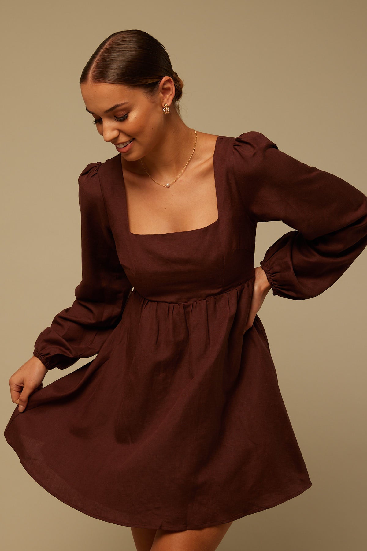 Perfect Stranger Long Sleeve Mini Dress Brown