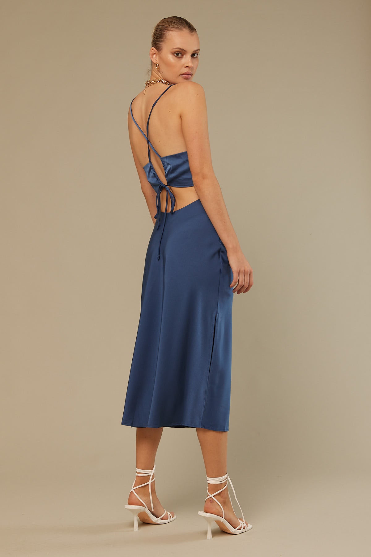 Perfect Stranger Luna Lace Up Back Midi Dress Blue