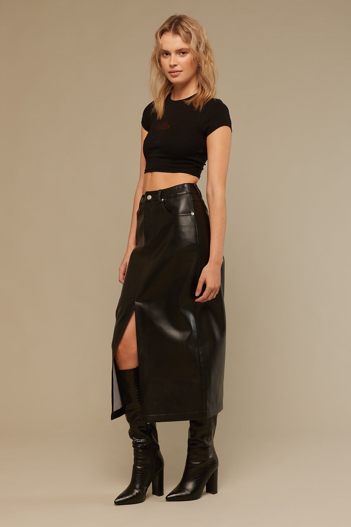 Perfect Stranger PU Midi Skirt Black