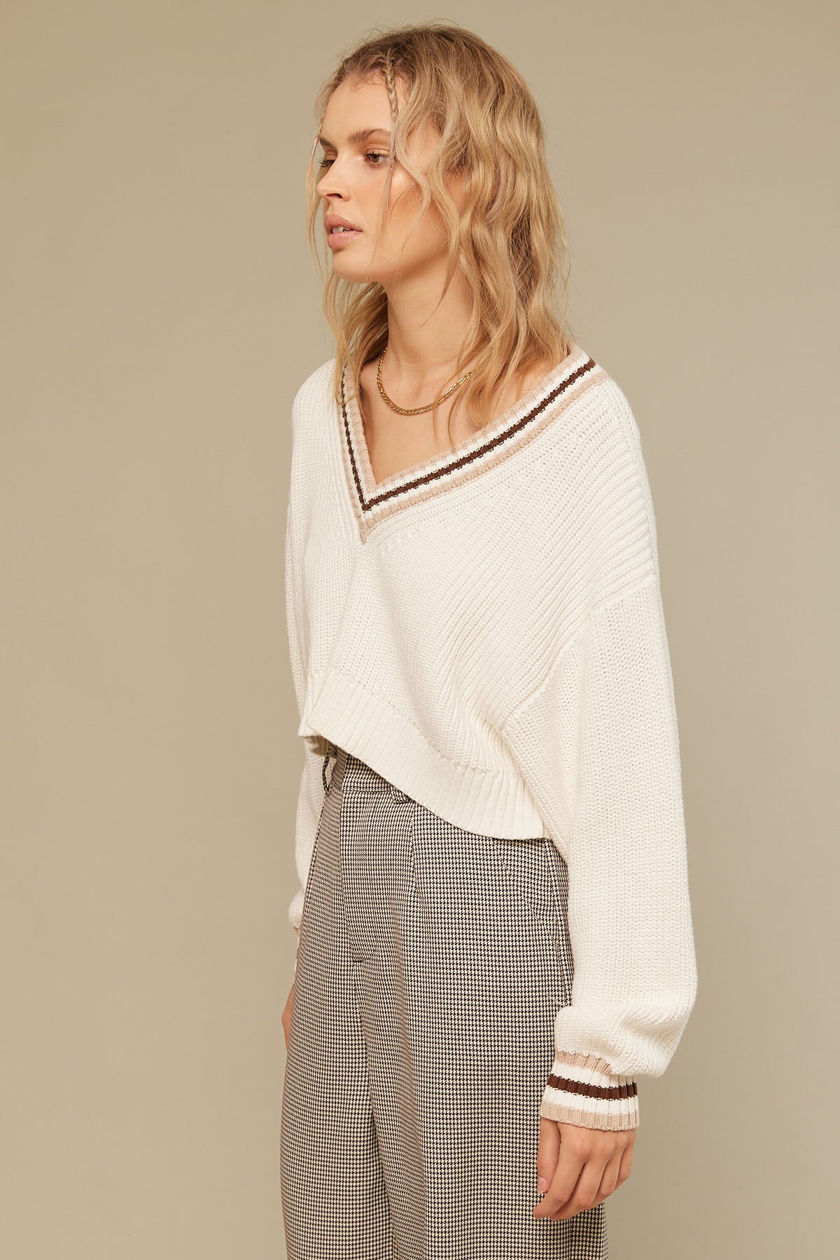 Perfect Stranger Cropped Varsity V-Neck Jumper White