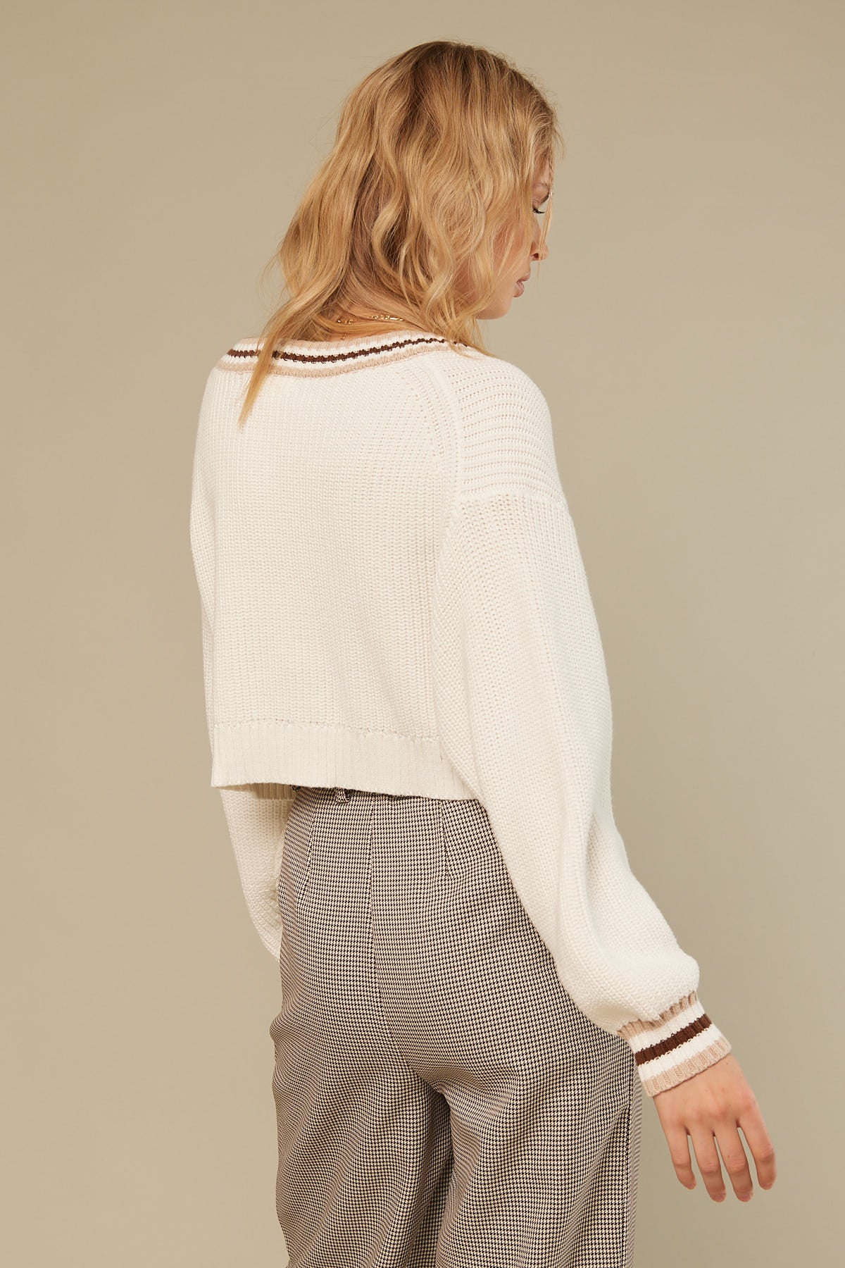 Perfect Stranger Cropped Varsity V-Neck Jumper White