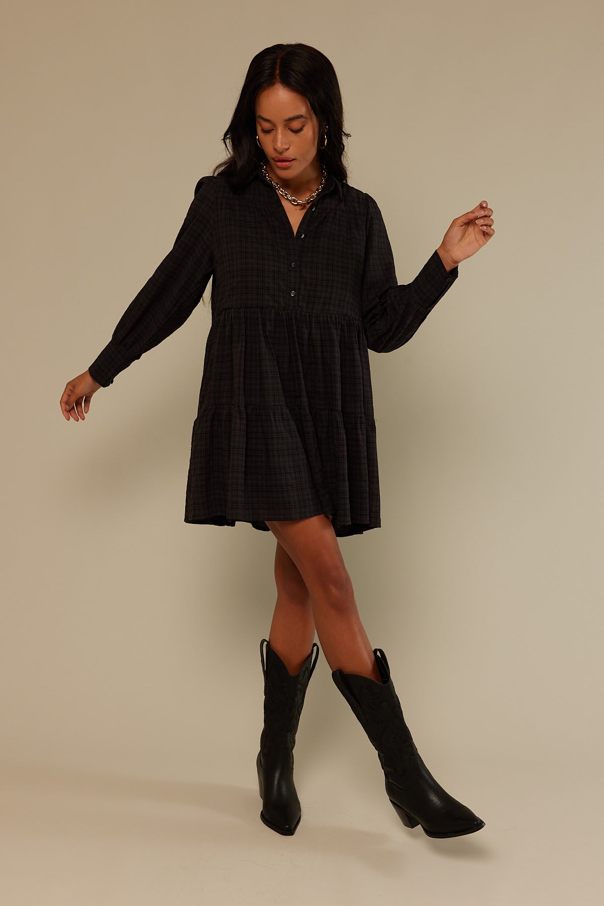 Perfect Stranger Born To Be Tiered Long Sleeve Mini Dress Black Print