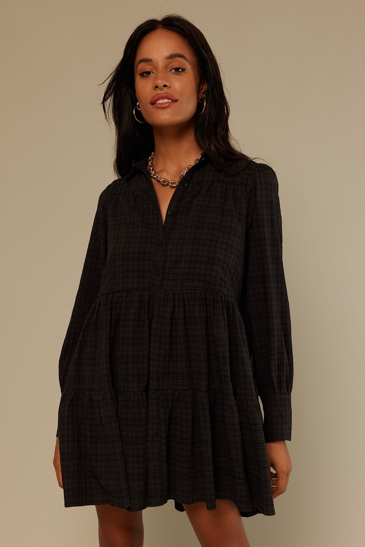 Perfect Stranger Born To Be Tiered Long Sleeve Mini Dress Black Print