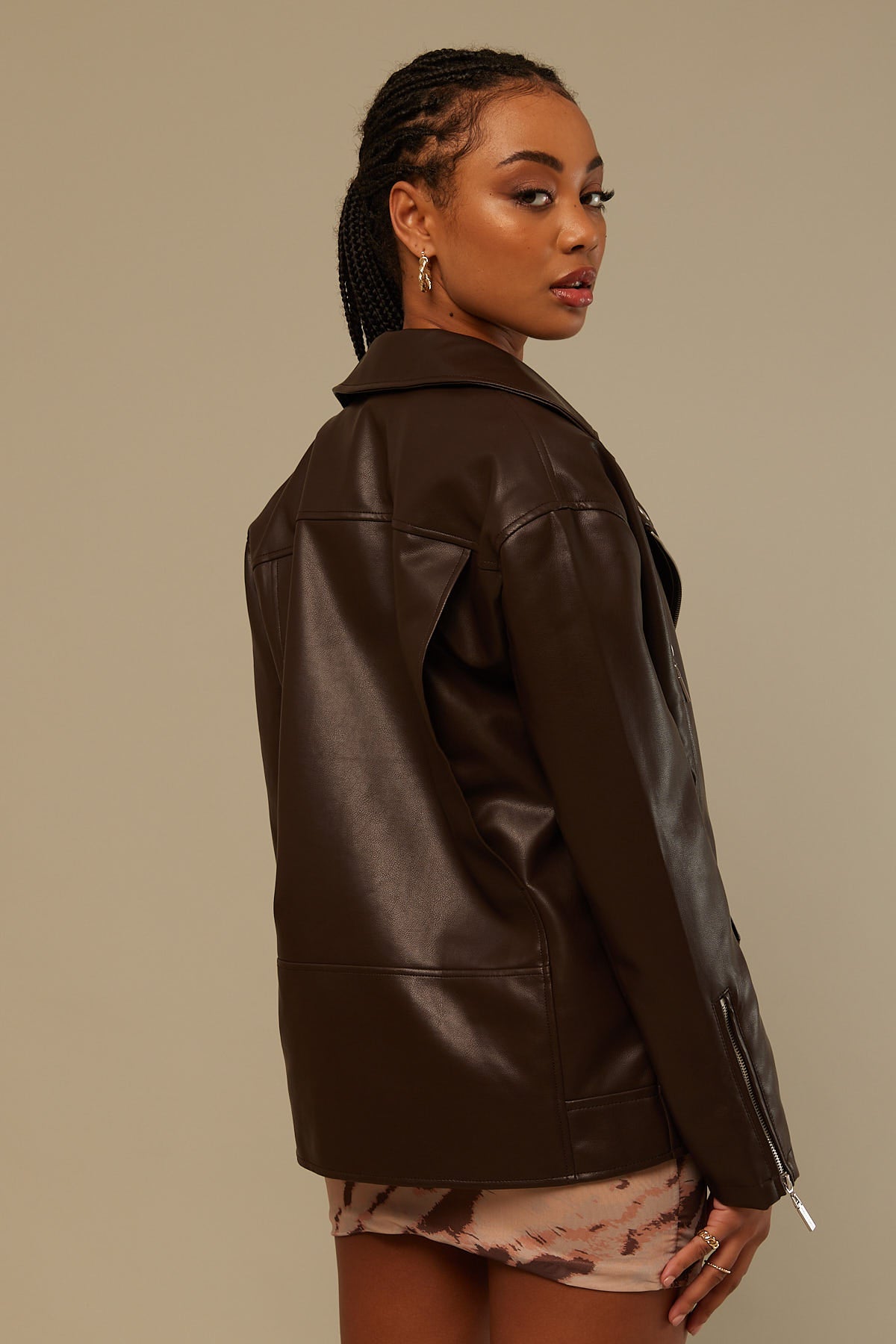 Perfect Stranger Oversized Biker Jacket Brown