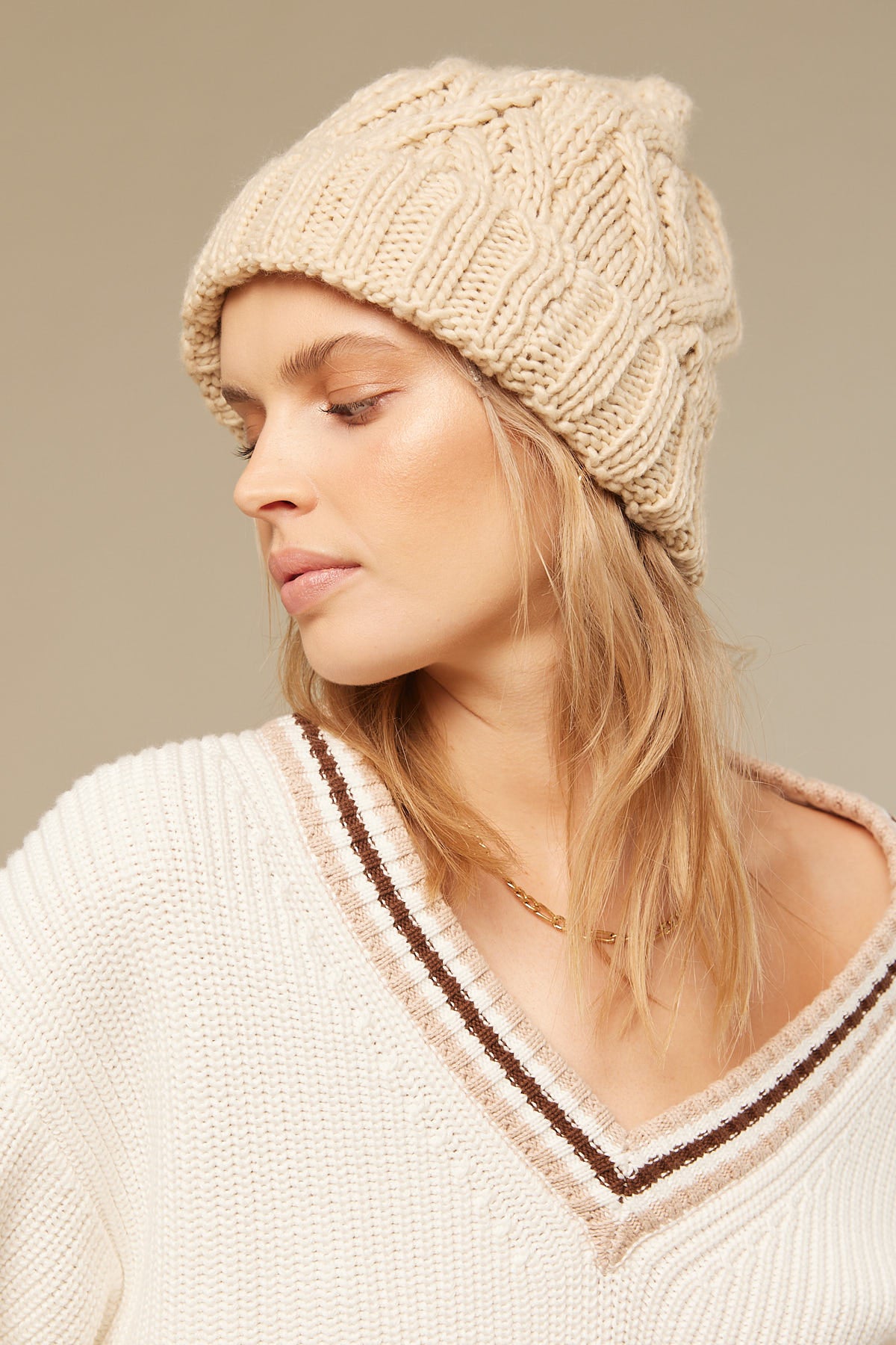 Token Cable Knit Beanie Taupe