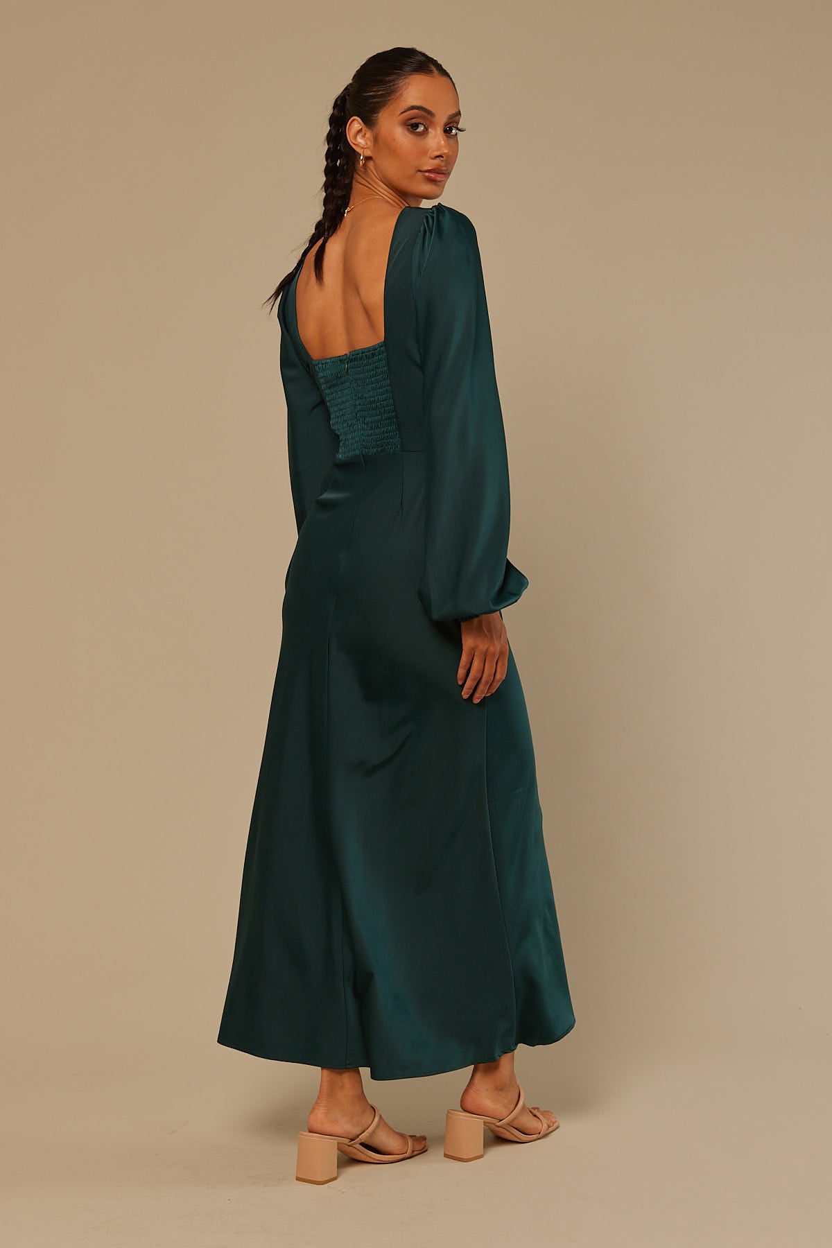 Perfect Stranger Twist Front Long Sleeve Midi Dress Khaki