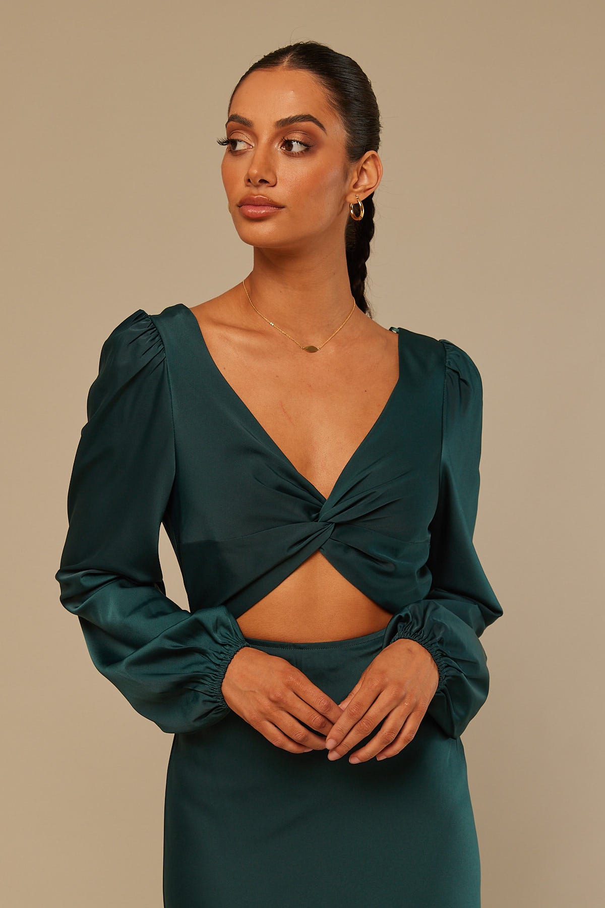 Perfect Stranger Twist Front Long Sleeve Midi Dress Khaki