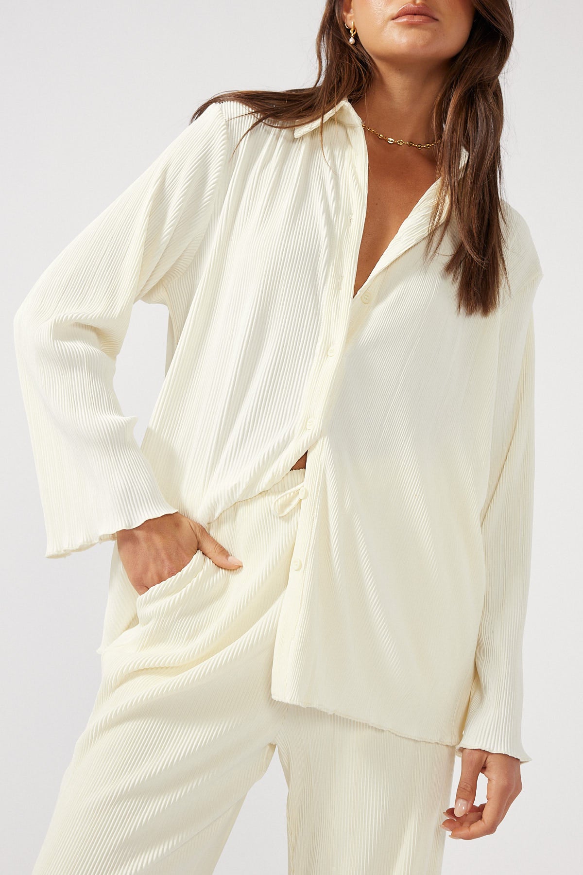 Perfect Stranger Plisse Long Sleeve Top Cream