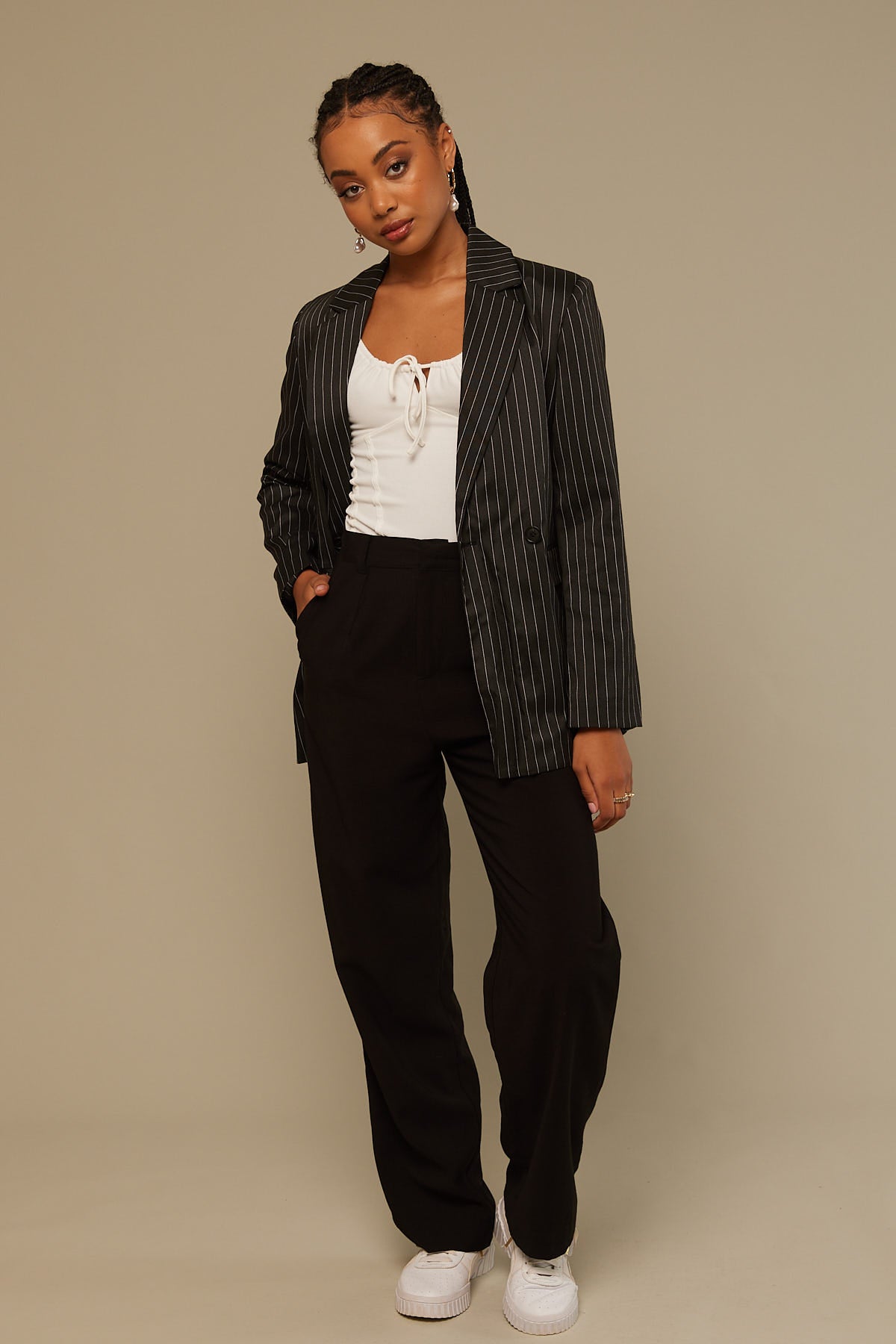 Perfect Stranger Double Breasted Pinstripe Blazer Black Stripe