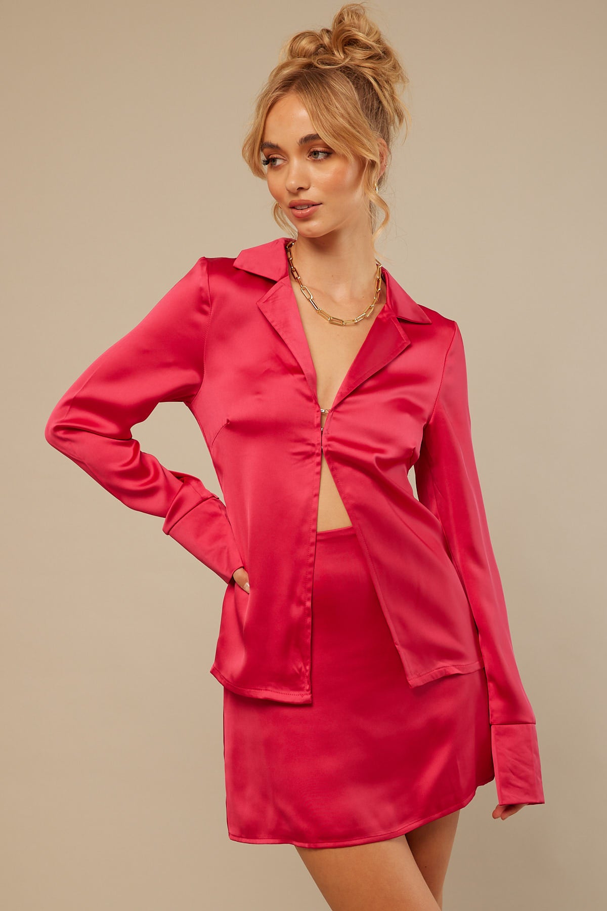 Perfect Stranger Stella Long Sleeve Satin Top Red