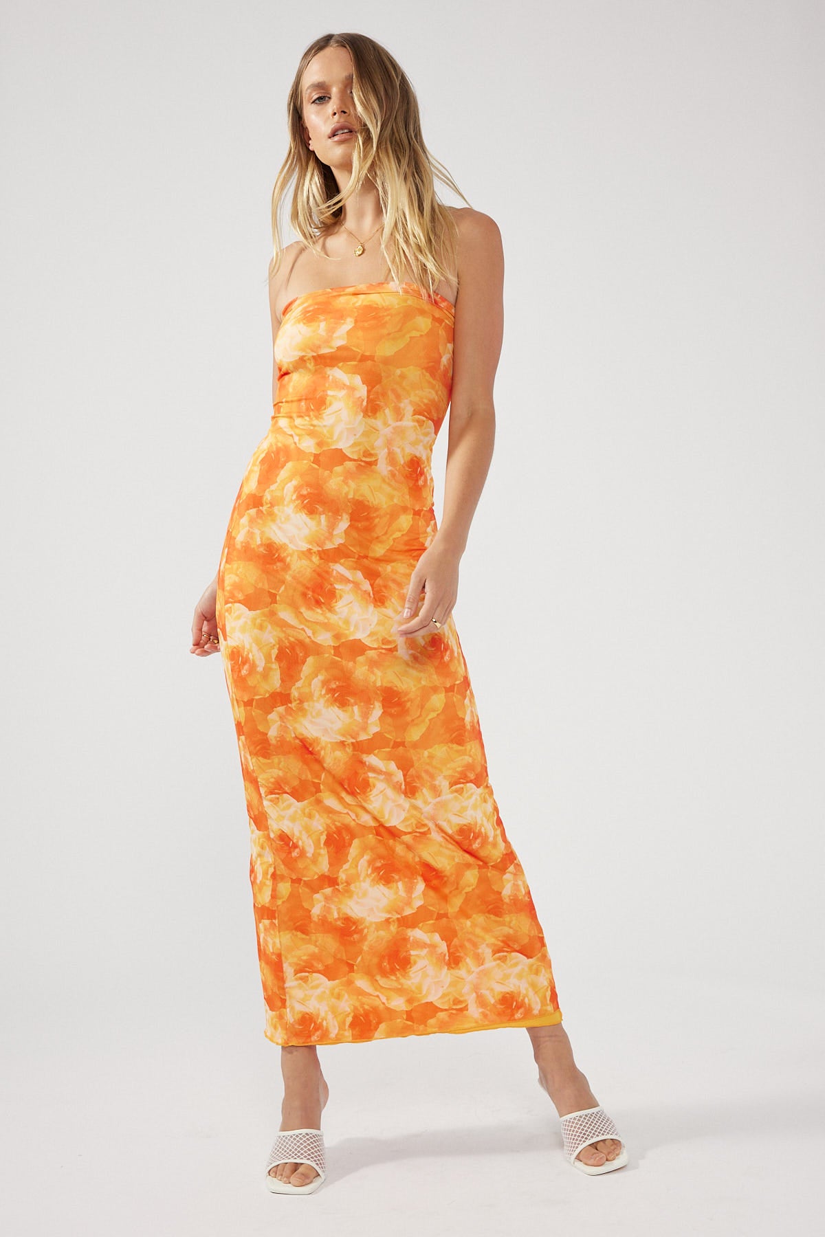 Perfect Stranger Mandarine Moments Strapless Midi Dress Orange Print