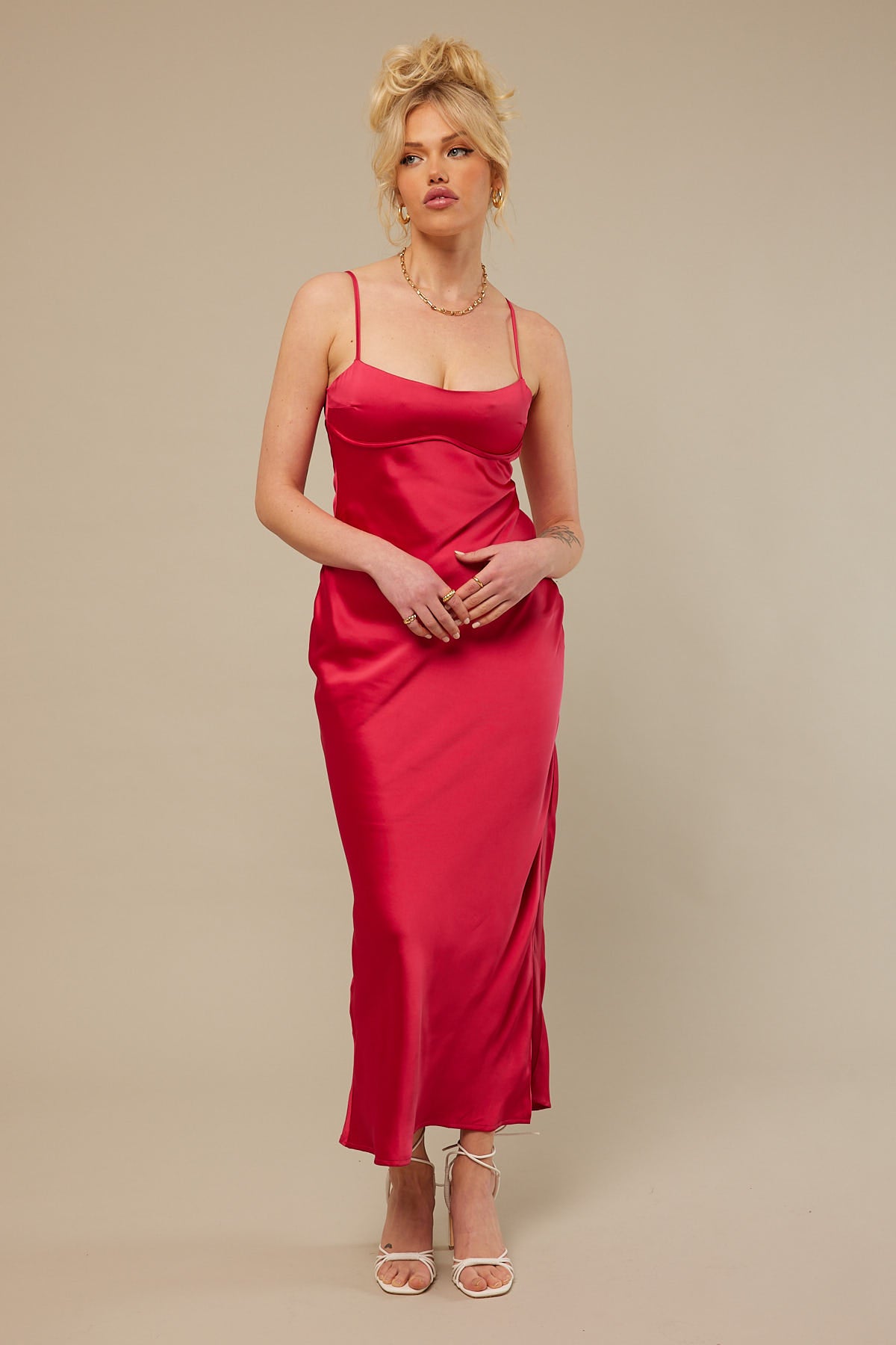 Perfect Stranger Siren Satin Midi Dress Red