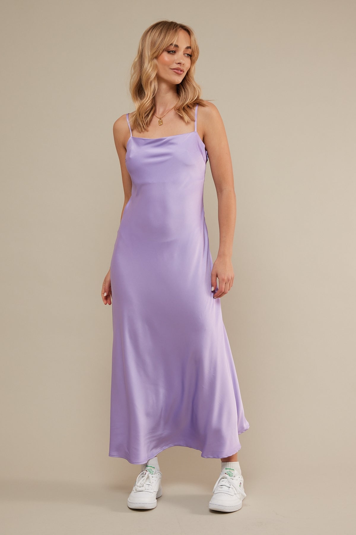 Perfect Stranger Satin Slip Midi Dress Purple
