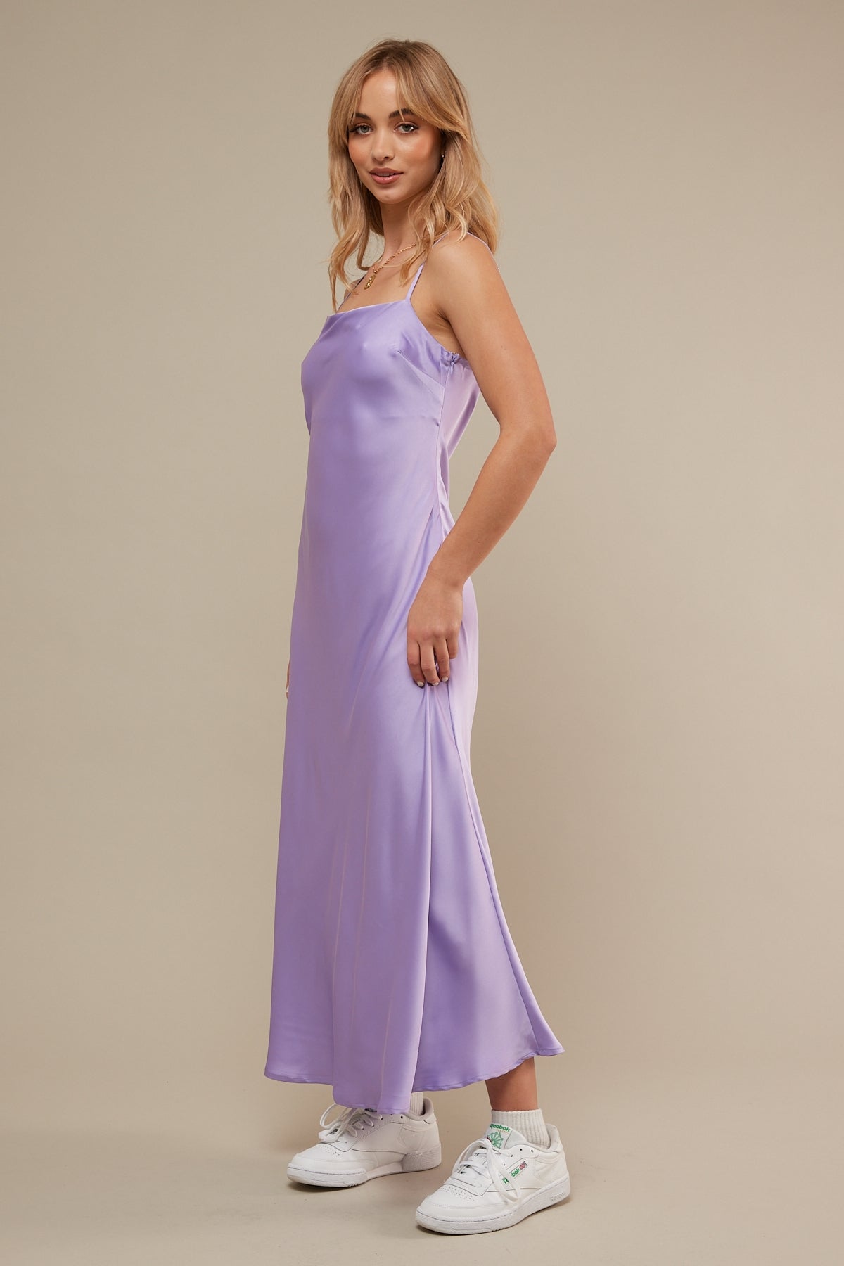 Perfect Stranger Satin Slip Midi Dress Purple