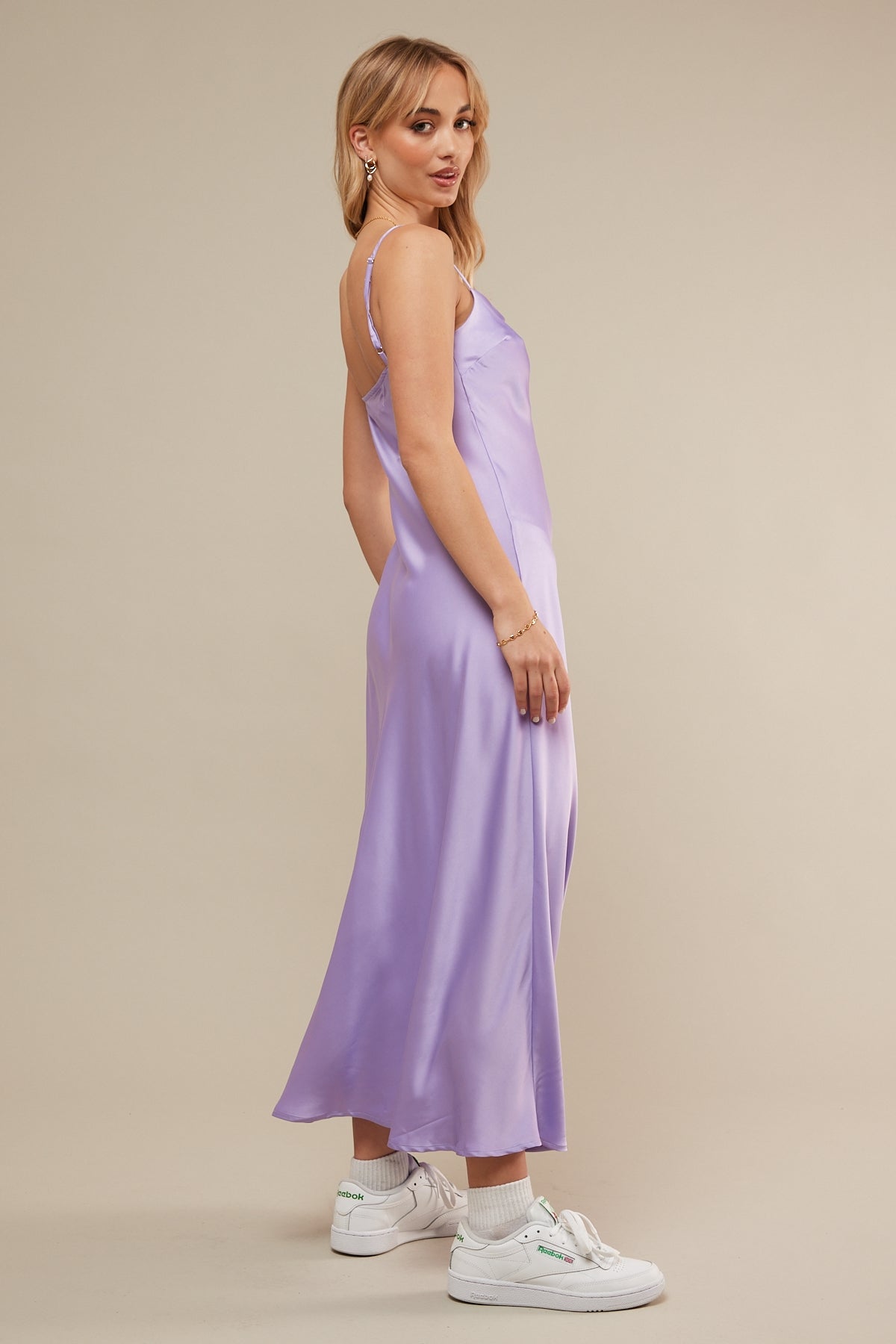 Perfect Stranger Satin Slip Midi Dress Purple
