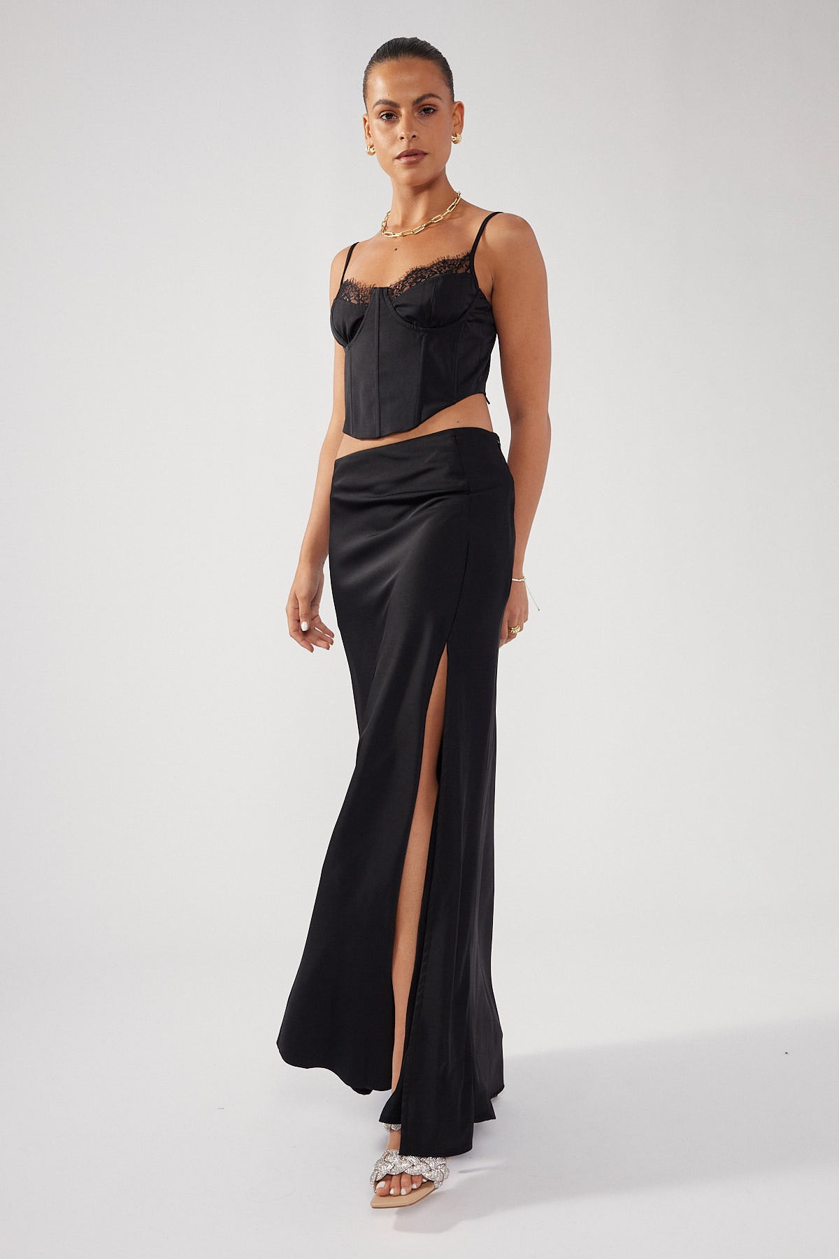 Perfect Stranger Front Split Satin Midi Skirt Black