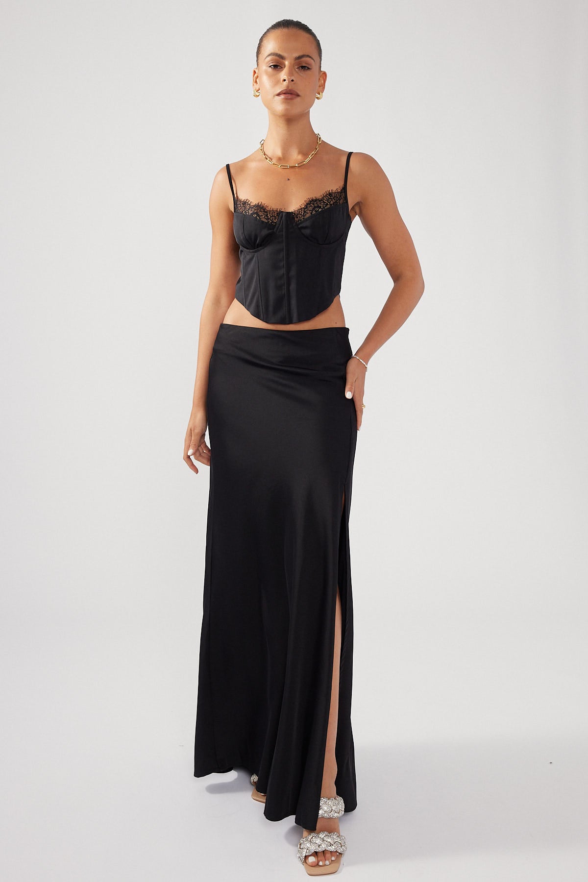 Perfect Stranger Front Split Satin Midi Skirt Black