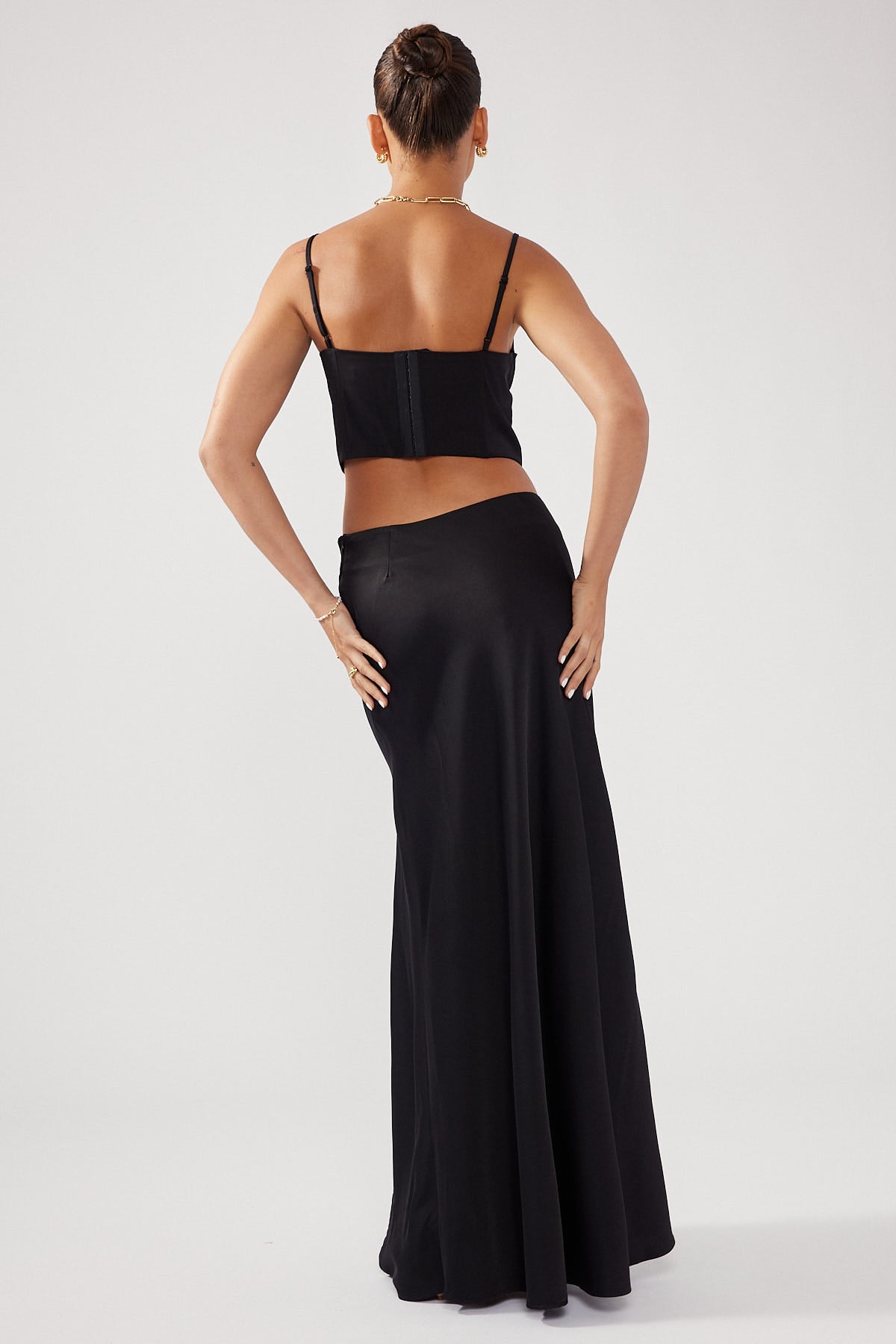 Perfect Stranger Front Split Satin Midi Skirt Black