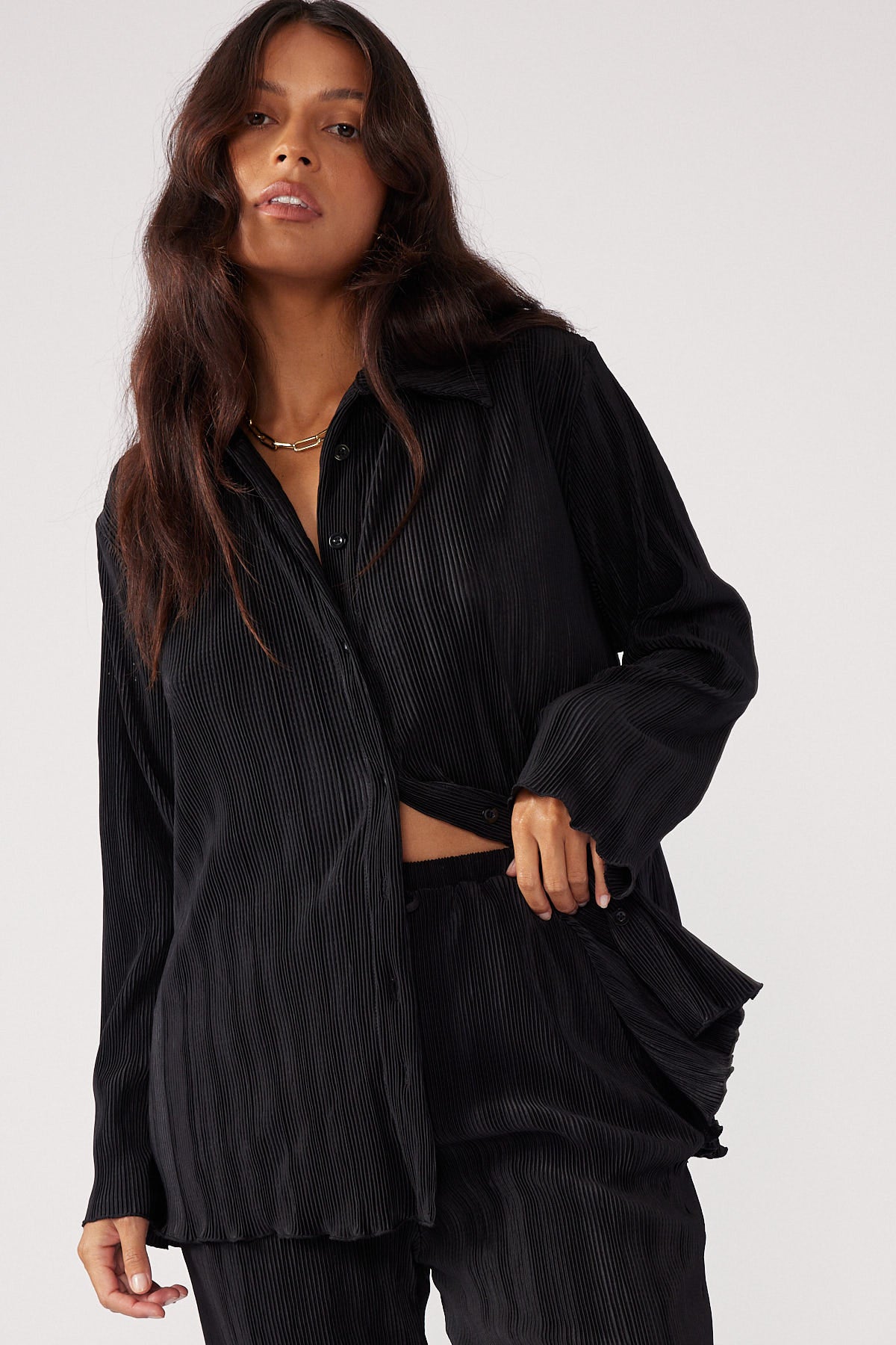 Perfect Stranger Plisse Long Sleeve Top Black