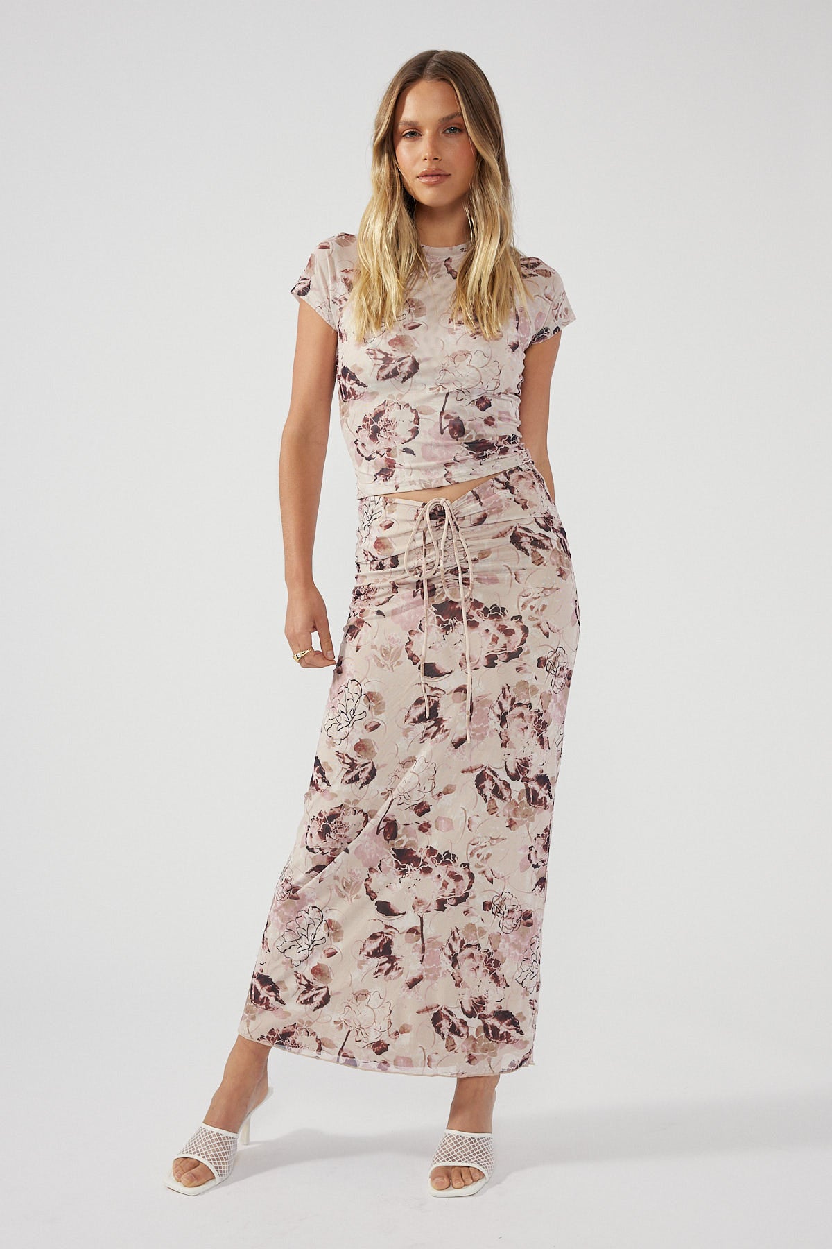 Perfect Stranger Heavenly Floral Mesh Maxi Skirt Nude Print