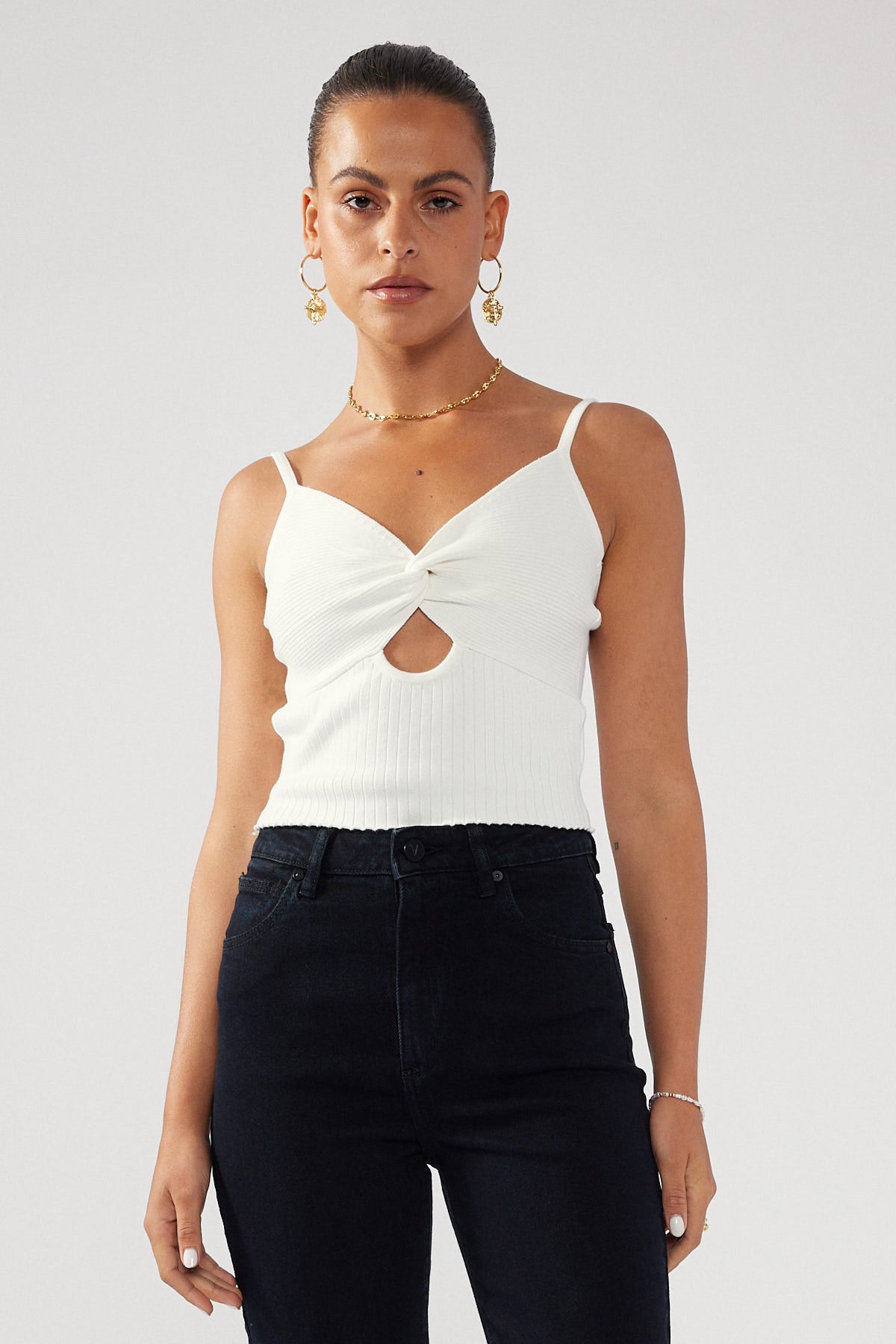 Perfect Stranger Twist Front Knit Top White
