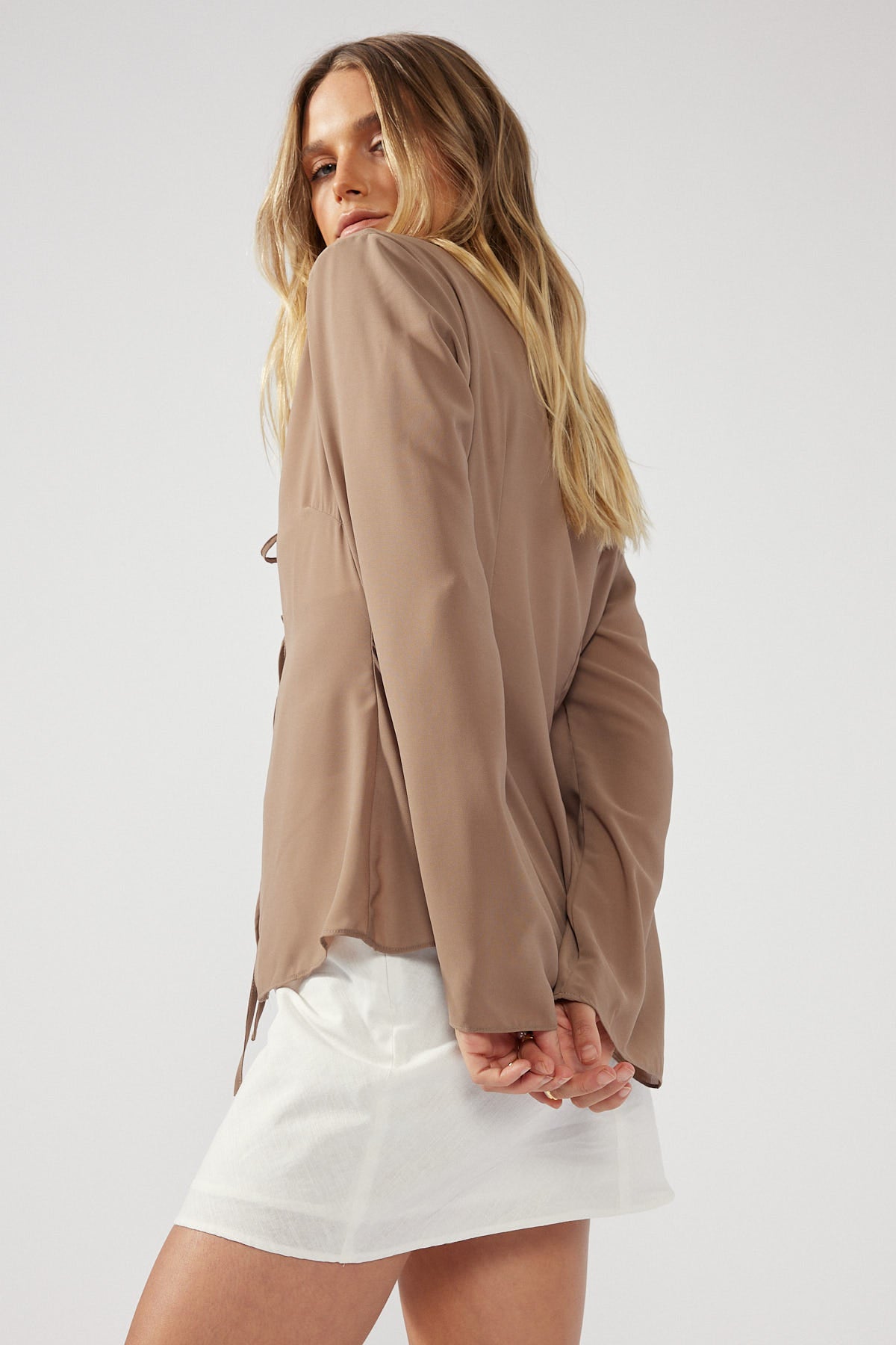 Perfect Stranger Classic Tie Front Top Taupe