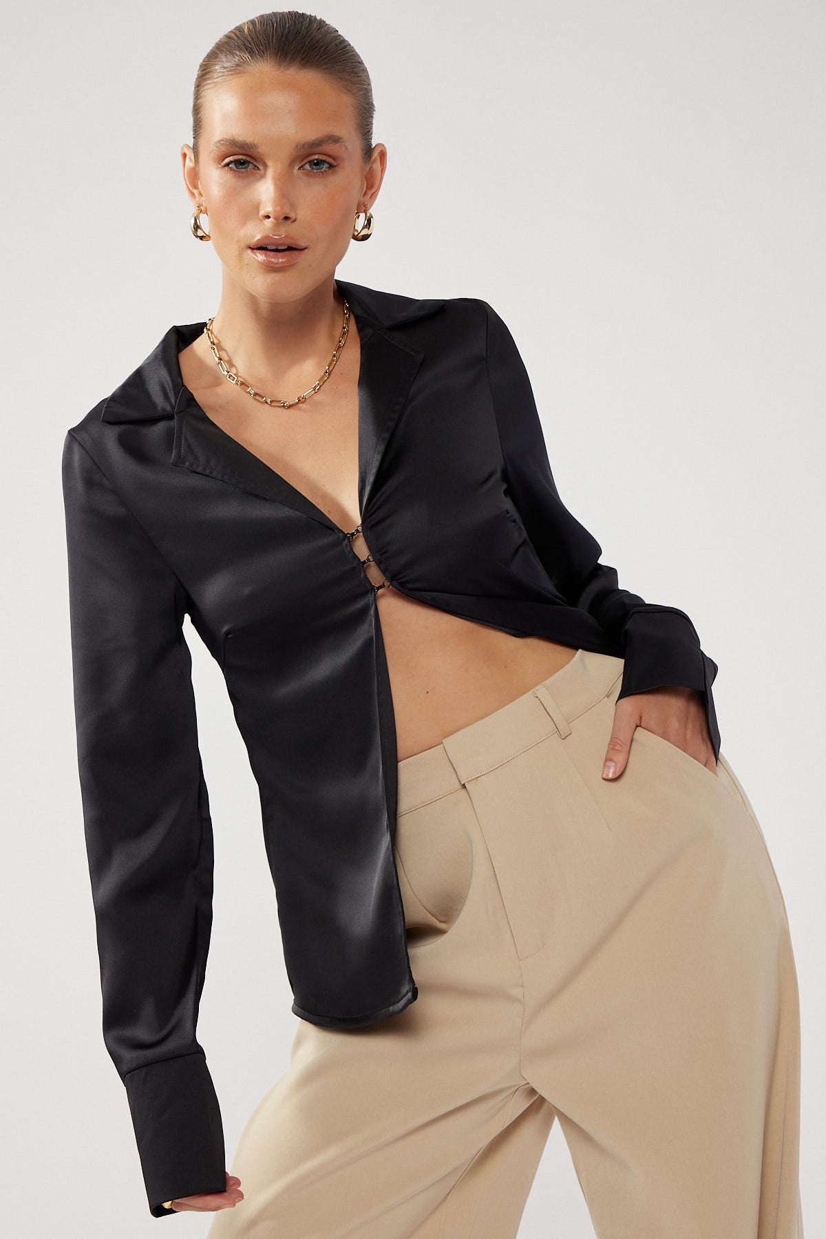 Perfect Stranger Stella Long Sleeve Satin Top Black