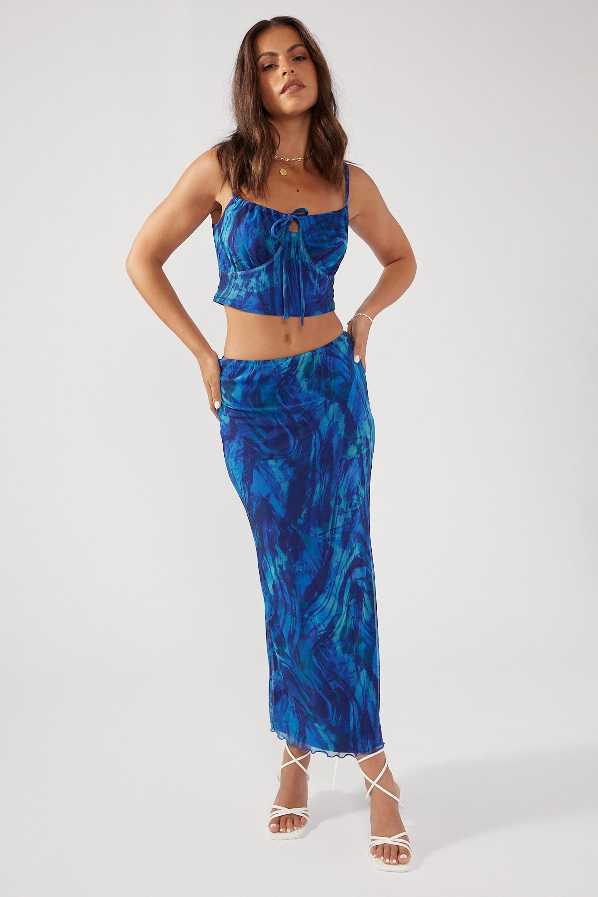 Perfect Stranger Deep Tides Mesh Mid Rise Skirt Blue Print