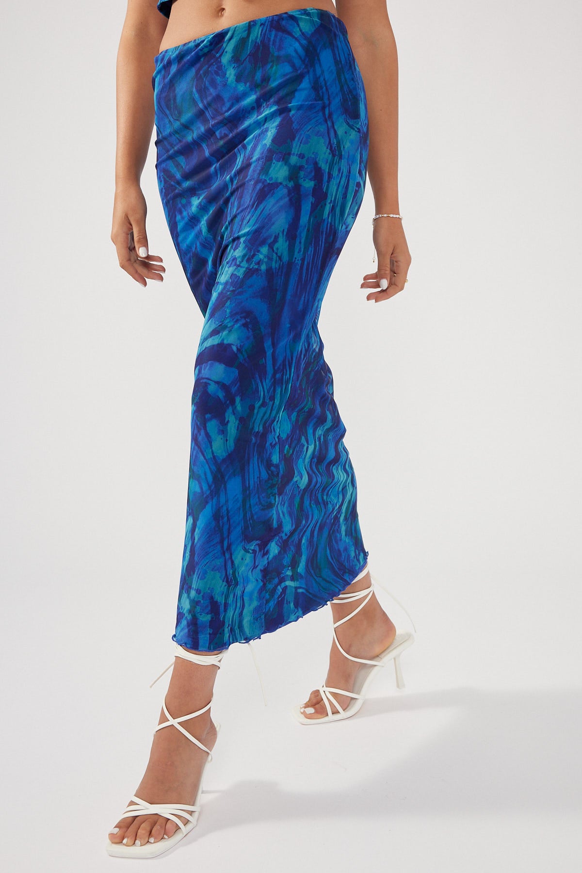 Perfect Stranger Deep Tides Mesh Mid Rise Skirt Blue Print