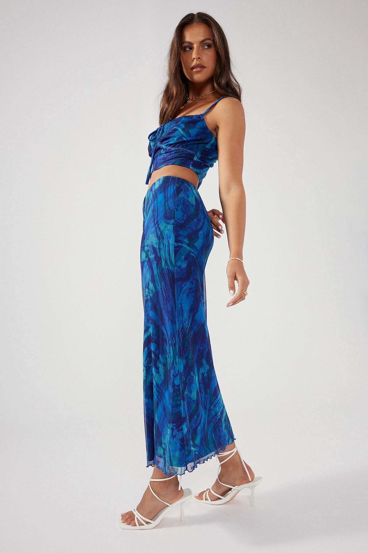Perfect Stranger Deep Tides Mesh Mid Rise Skirt Blue Print