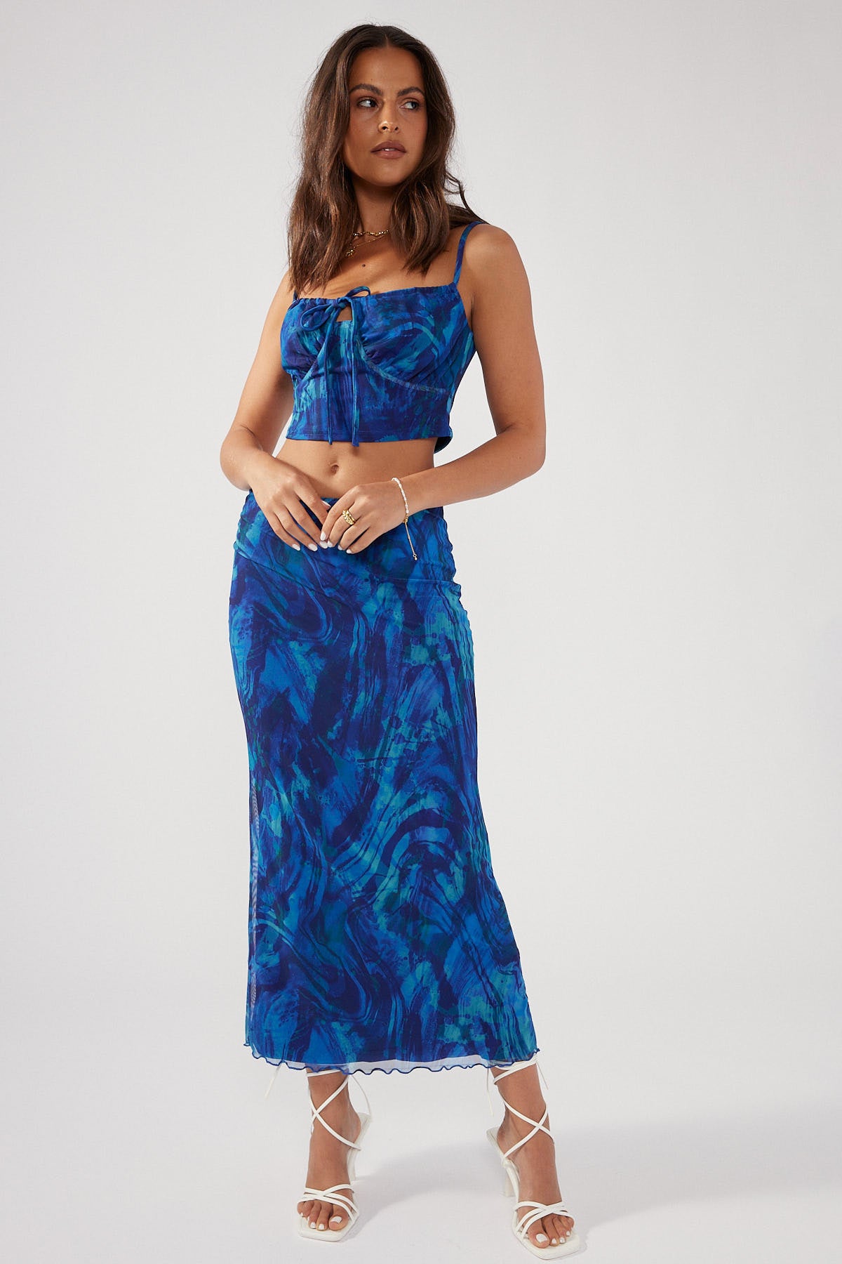 Perfect Stranger Deep Tides Mesh Tie Top Blue Print