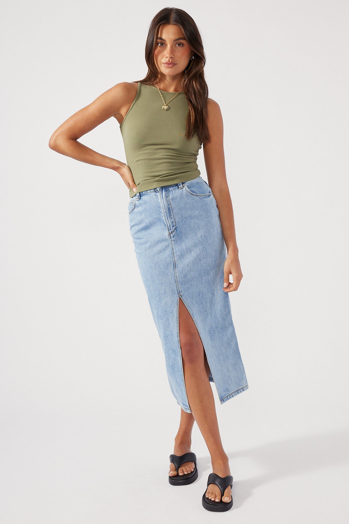 Perfect Stranger High Neck Recycled Jersey Tank Khaki