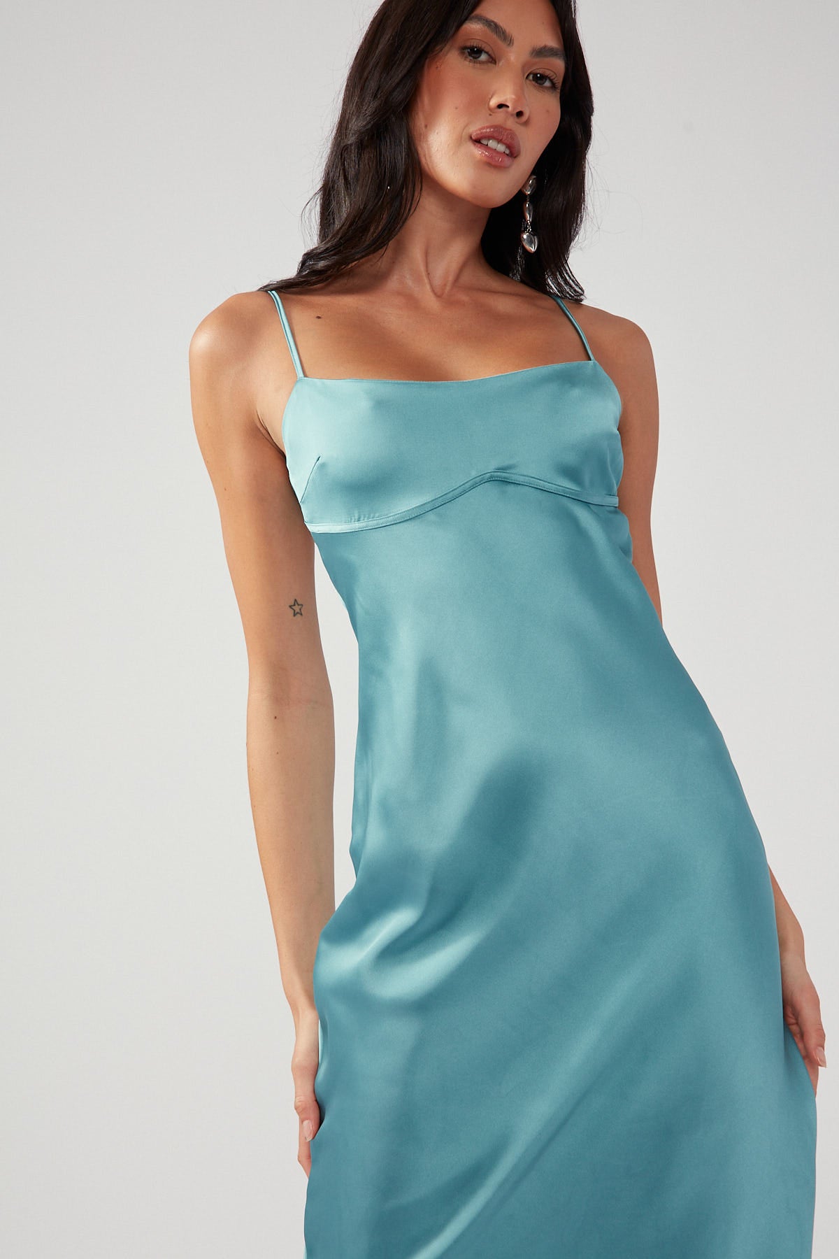 Perfect Stranger Siren Satin Midi Dress Green