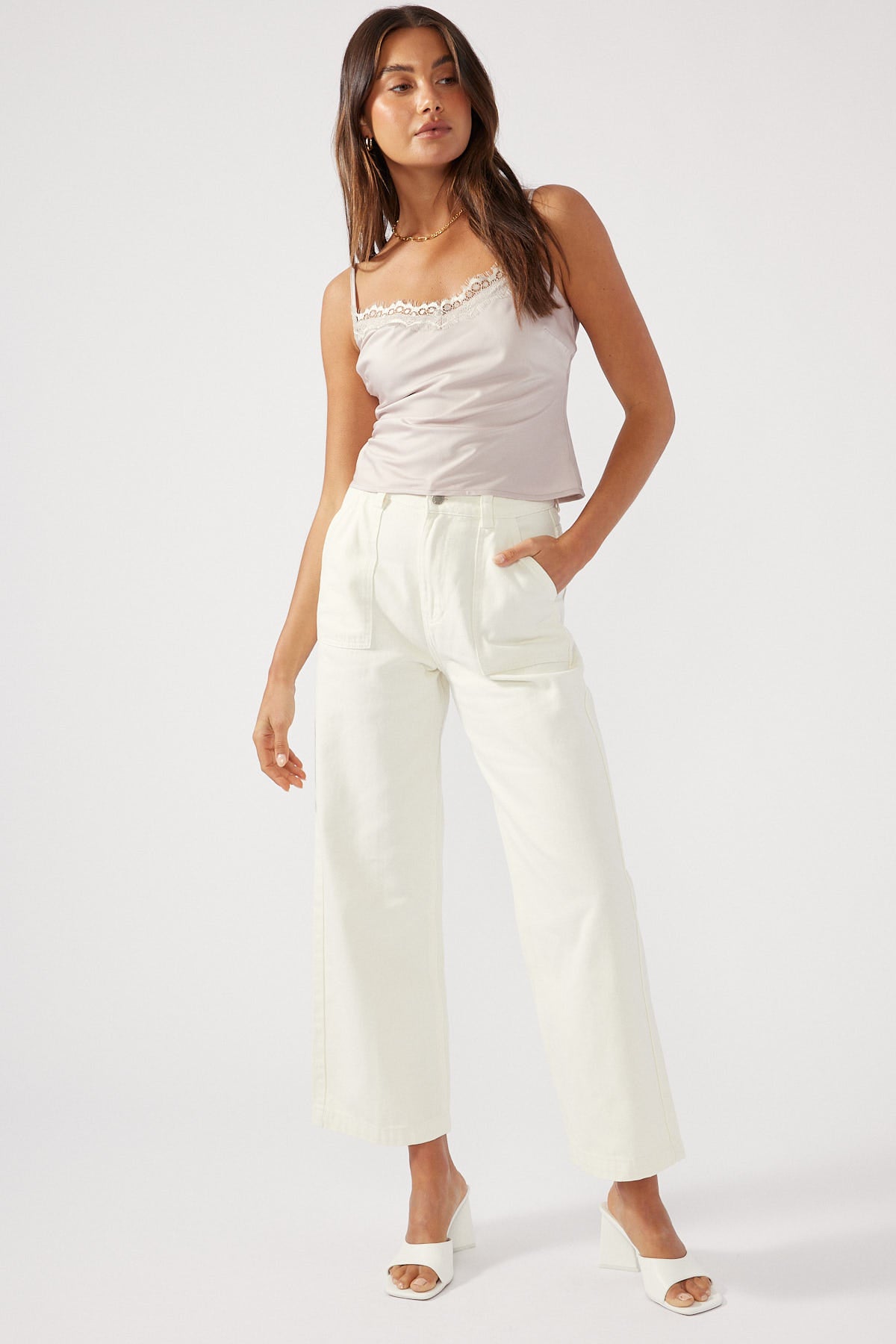 Perfect Stranger Lace Trim Straight Neck Cami Nude