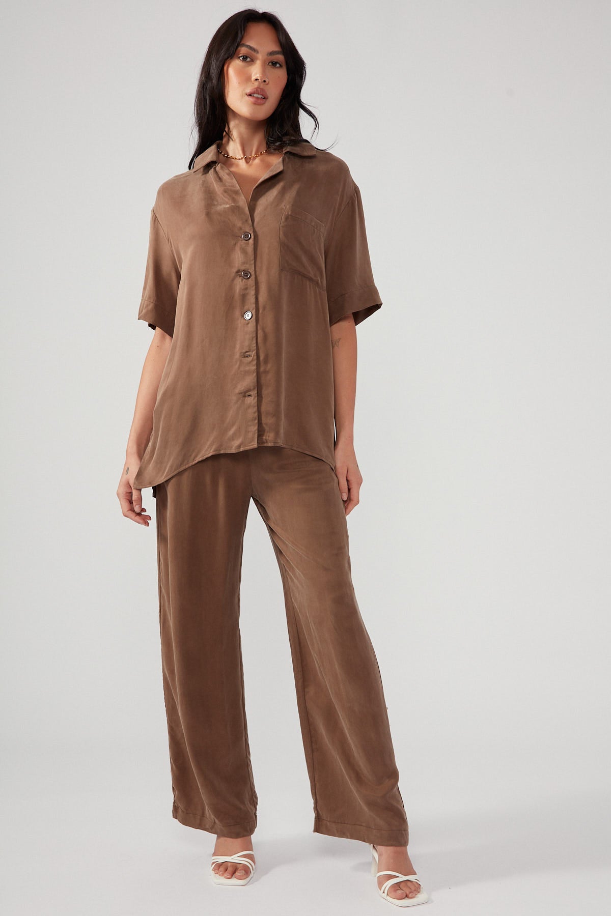 Perfect Stranger Ace Cupro Button Up Shirt Brown