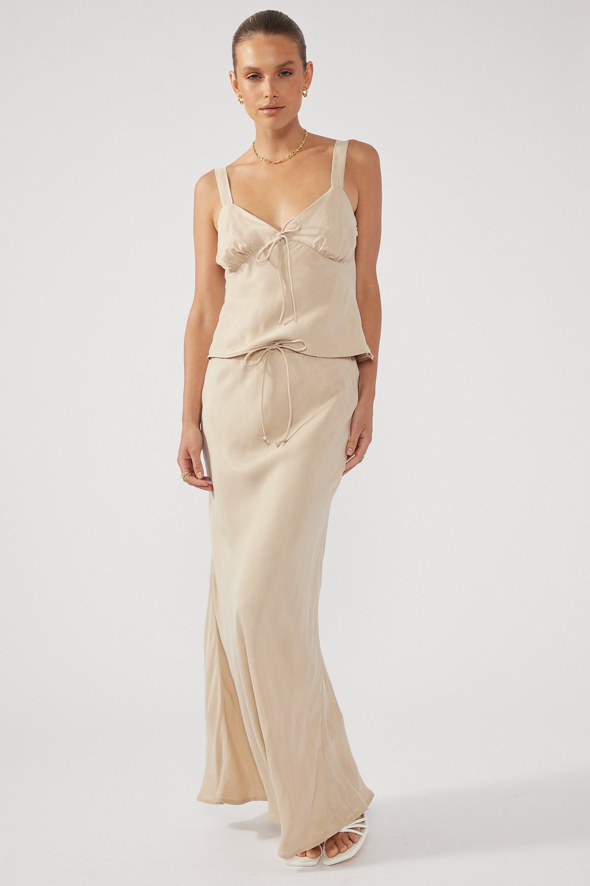 Perfect Stranger Drawcord High Rise Midi Skirt Nude